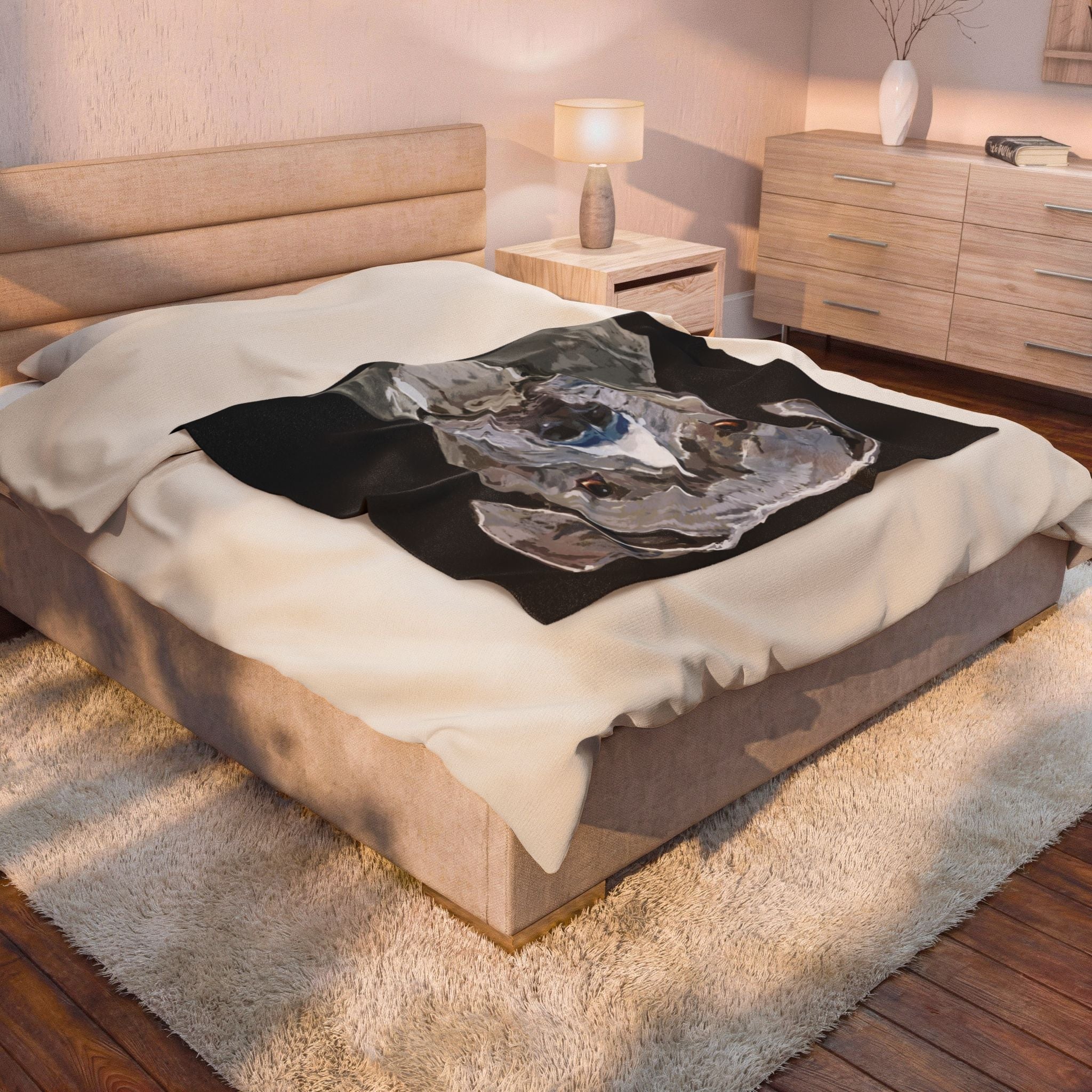 Pitbull Watercolor Portrait Velveteen Plush Blanket - Blue Cava