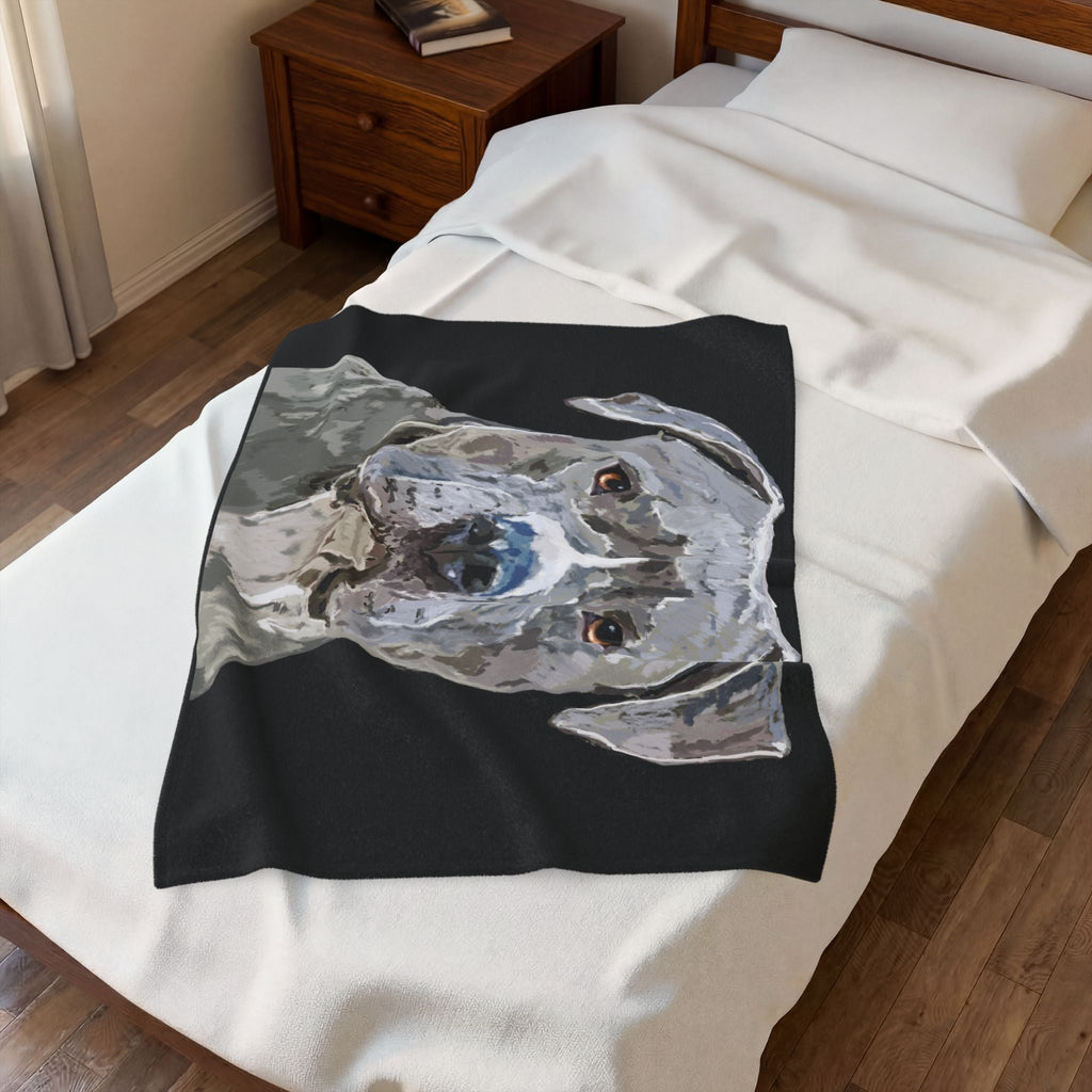 Pitbull Watercolor Portrait Velveteen Plush Blanket - Blue Cava