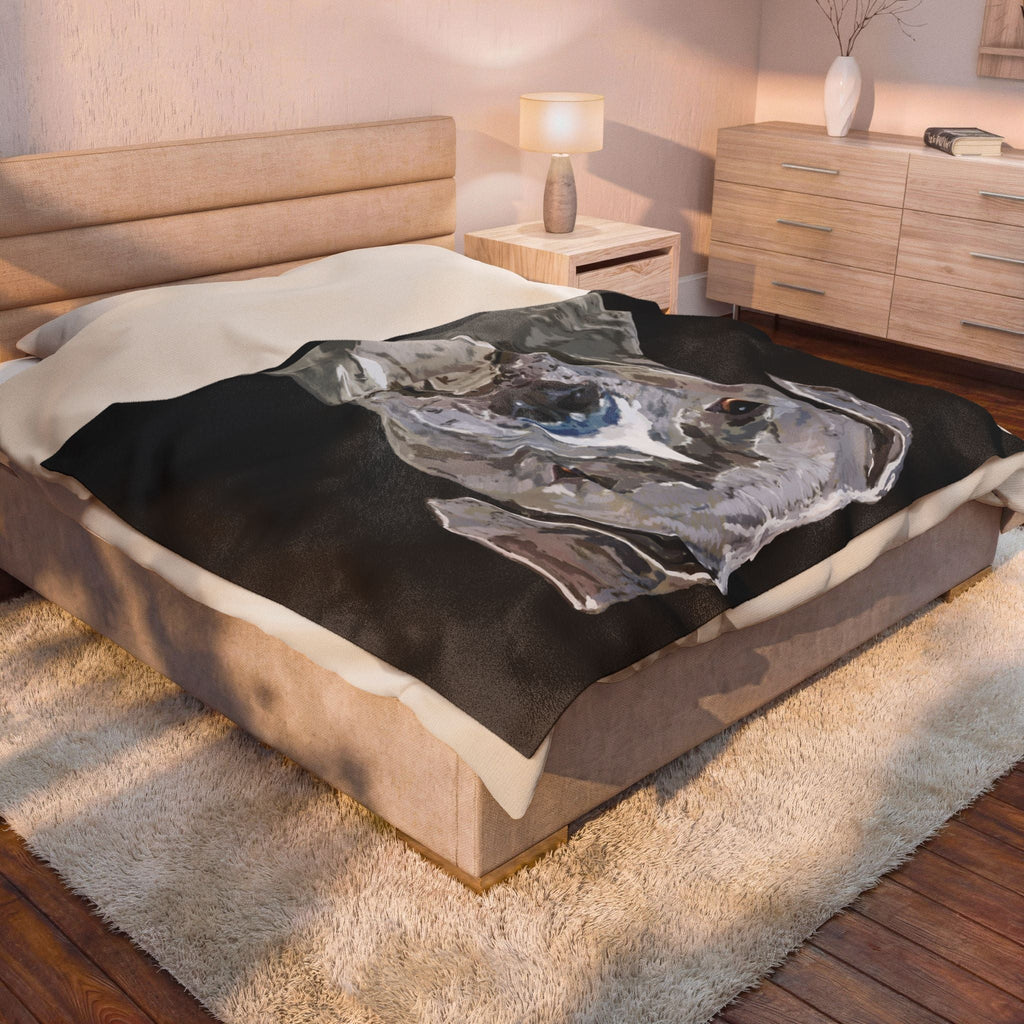 Pitbull Watercolor Portrait Velveteen Plush Blanket - Blue Cava