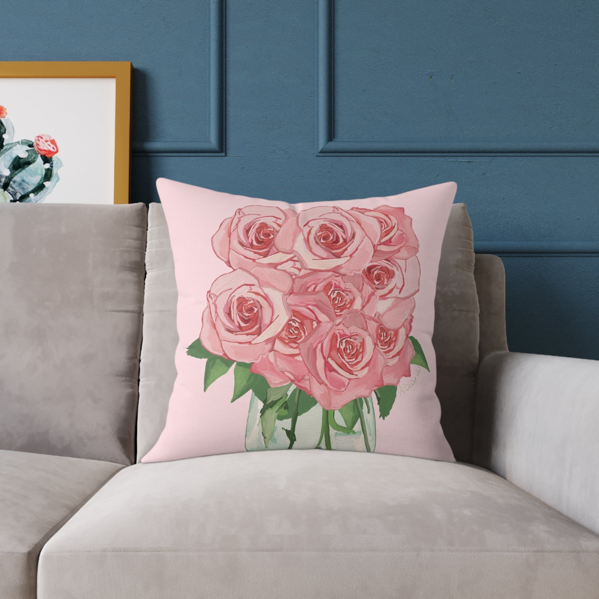 Romantic Pink Roses Square Pillow - Floral Decor for Home & Special Occasions - Blue Cava