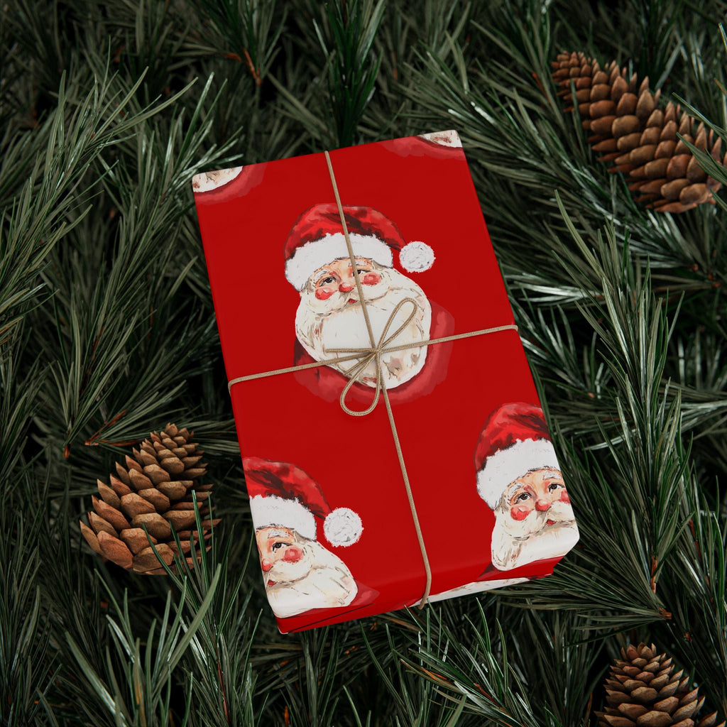 Santa Face Wrapping Paper - Festive Red Christmas Gift Wrap - Blue Cava