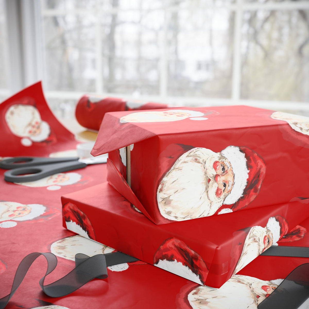 Santa Face Wrapping Paper - Festive Red Christmas Gift Wrap - Blue Cava