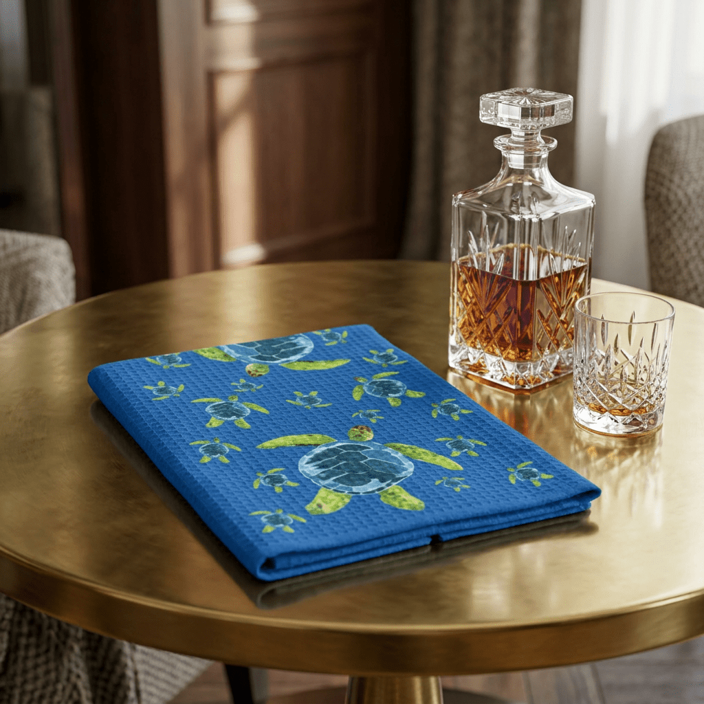 Sea Turtle Kitchen Towel — Blue Waffle - Weave Hand Towel - Blue Cava