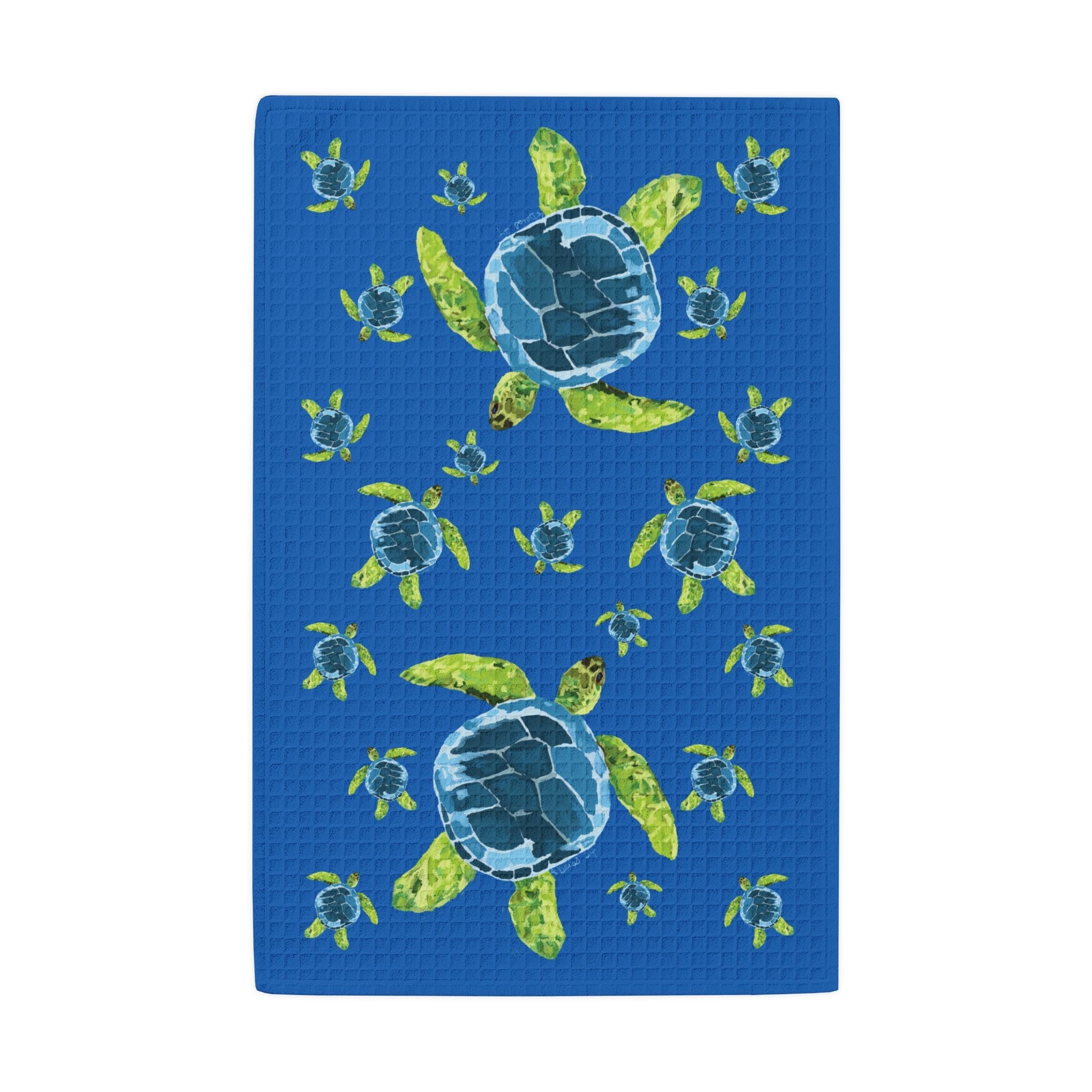 Sea Turtle Kitchen Towel — Blue Waffle - Weave Hand Towel - Blue Cava