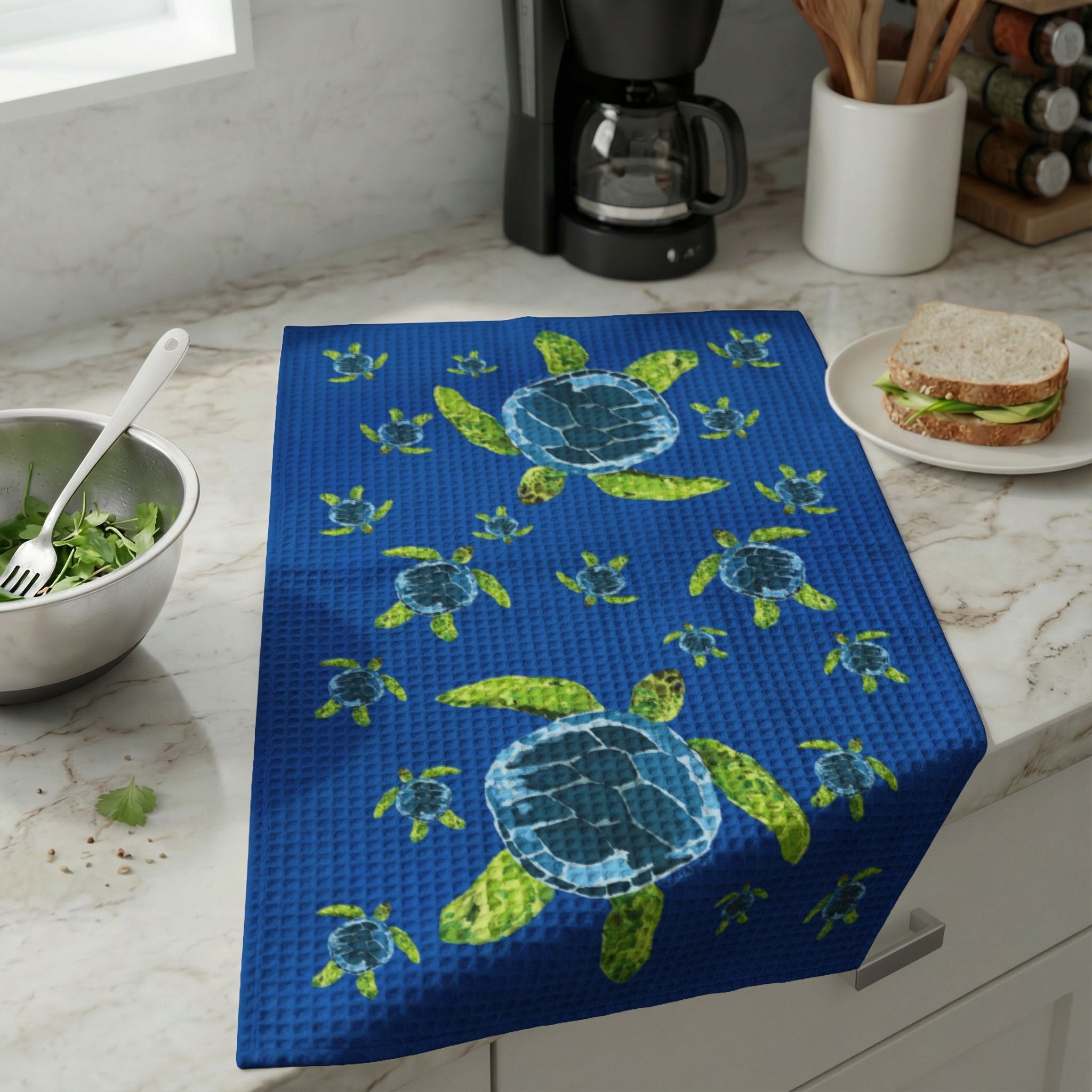 Sea Turtle Kitchen Towel — Blue Waffle - Weave Hand Towel - Blue Cava