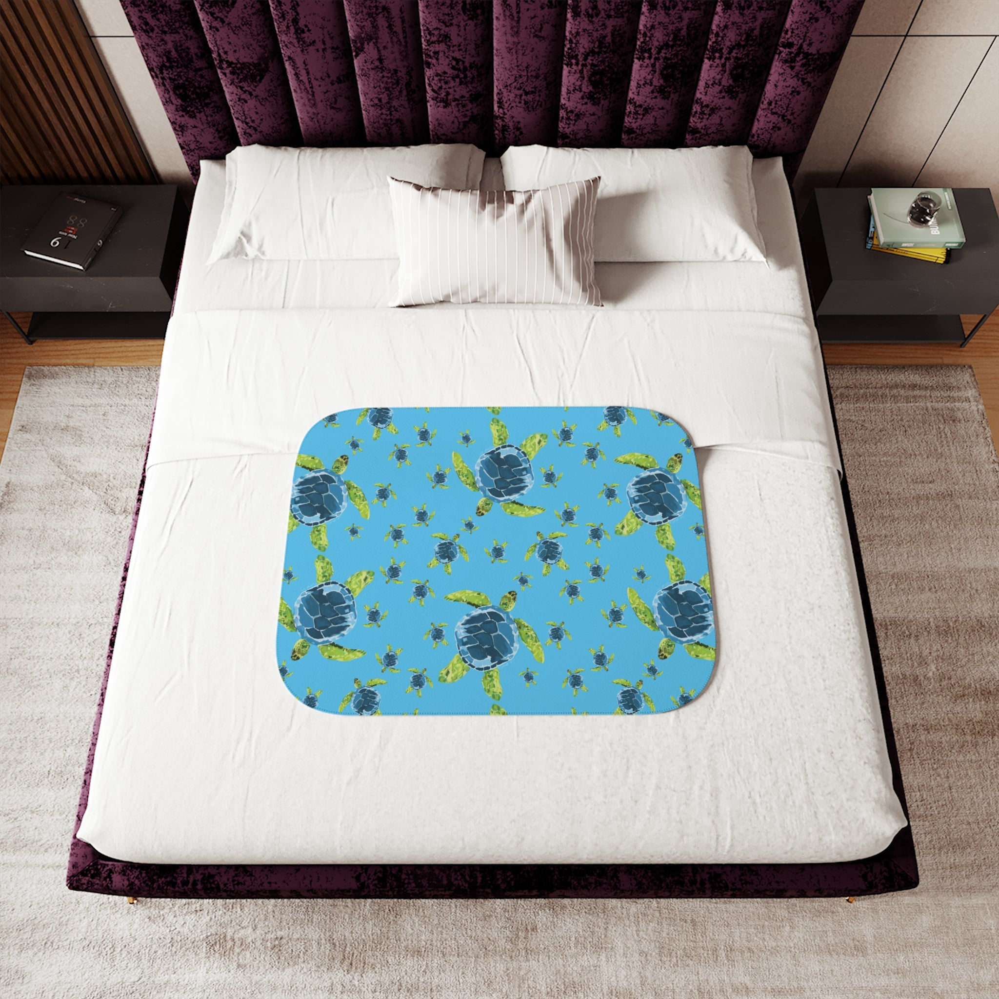 Sea Turtle Sherpa Blanket — Cozy Ocean - Themed Throw - Blue Cava
