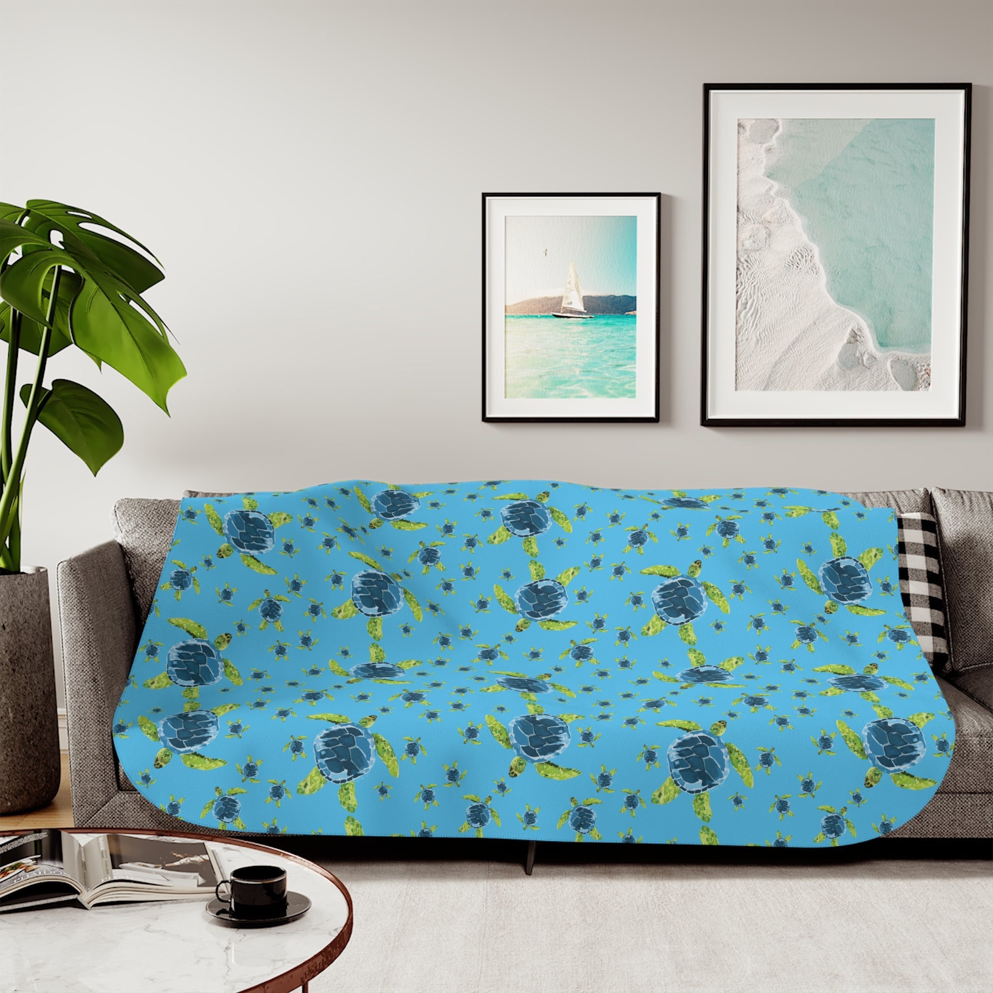 Sea Turtle Sherpa Blanket — Cozy Ocean - Themed Throw - Blue Cava