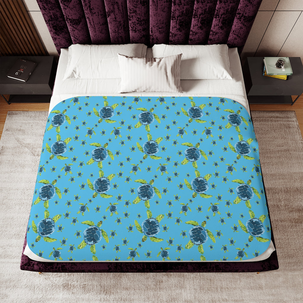 Sea Turtle Sherpa Blanket — Cozy Ocean - Themed Throw - Blue Cava