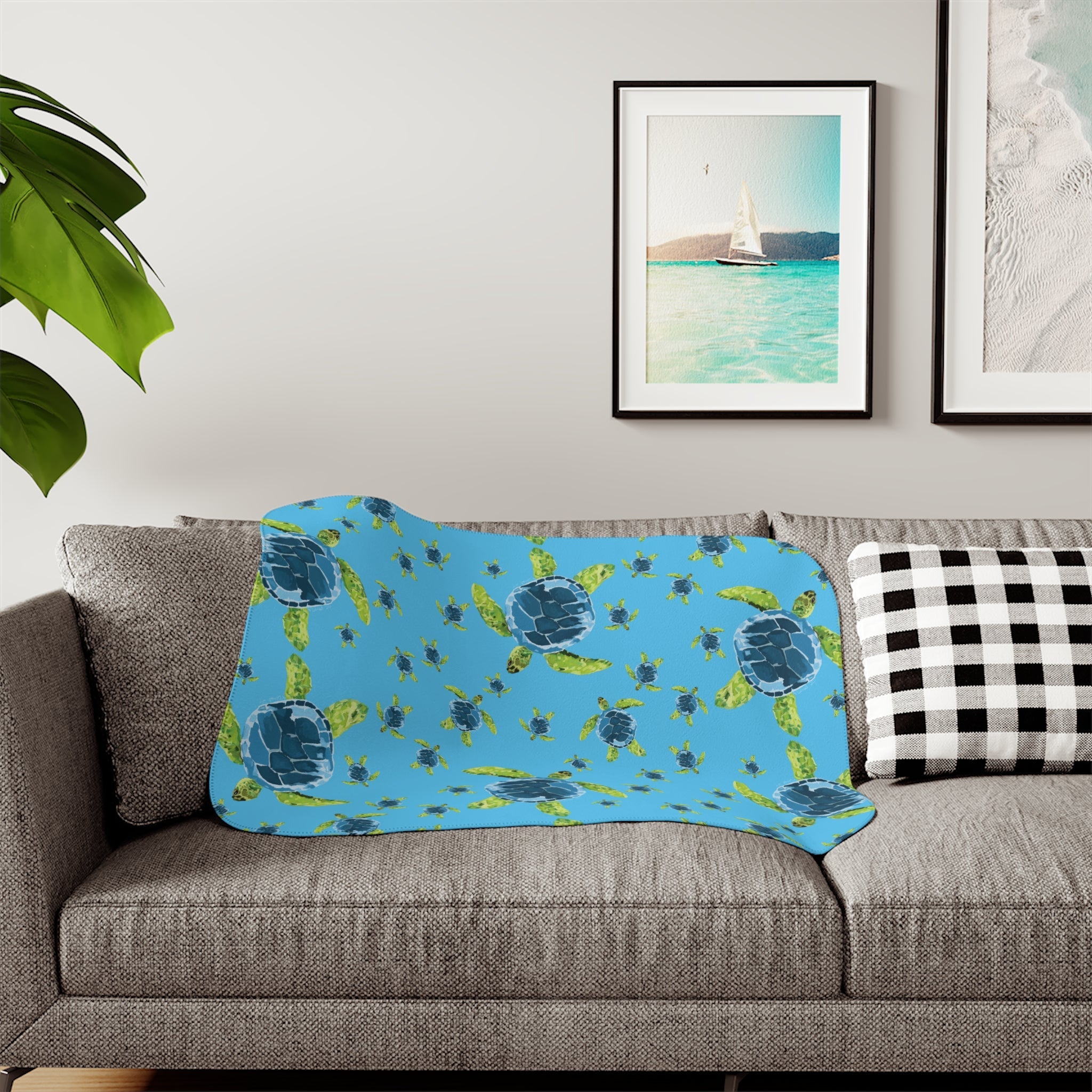 Sea Turtle Sherpa Blanket — Cozy Ocean - Themed Throw - Blue Cava