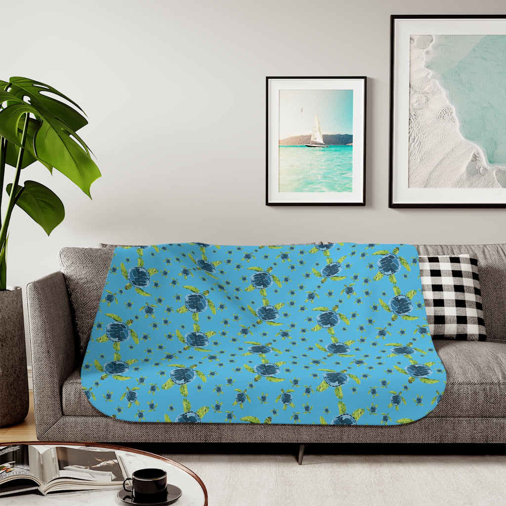 Sea Turtle Sherpa Blanket — Cozy Ocean - Themed Throw - Blue Cava
