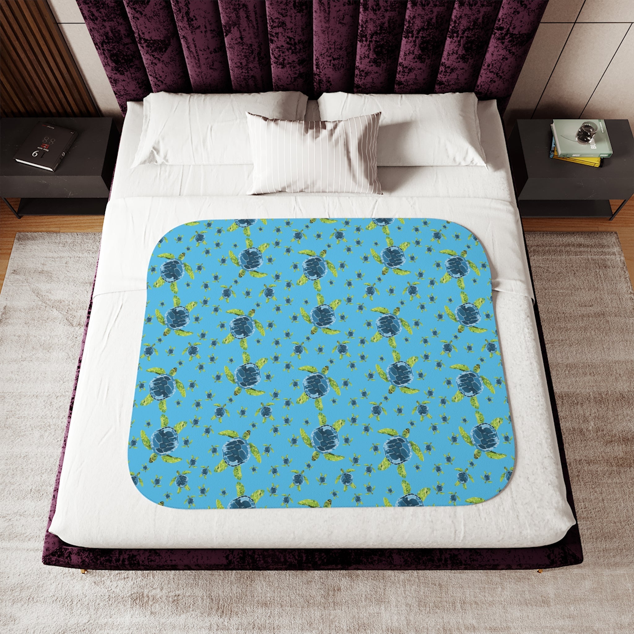 Sea Turtle Sherpa Blanket — Cozy Ocean - Themed Throw - Blue Cava
