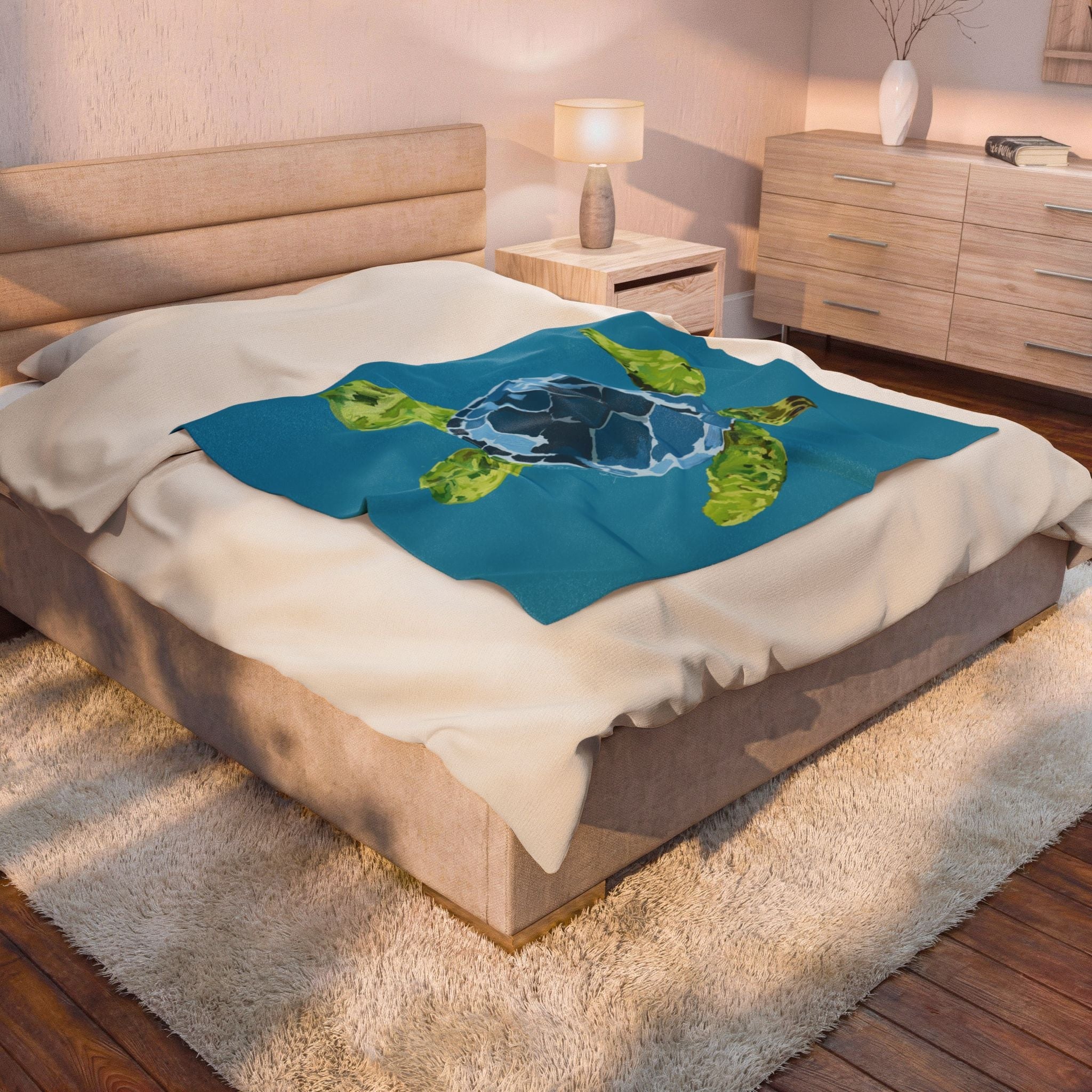 Sea Turtle Velveteen Plush Blanket — Soft Coastal Throw for Beach Lovers - Blue Cava