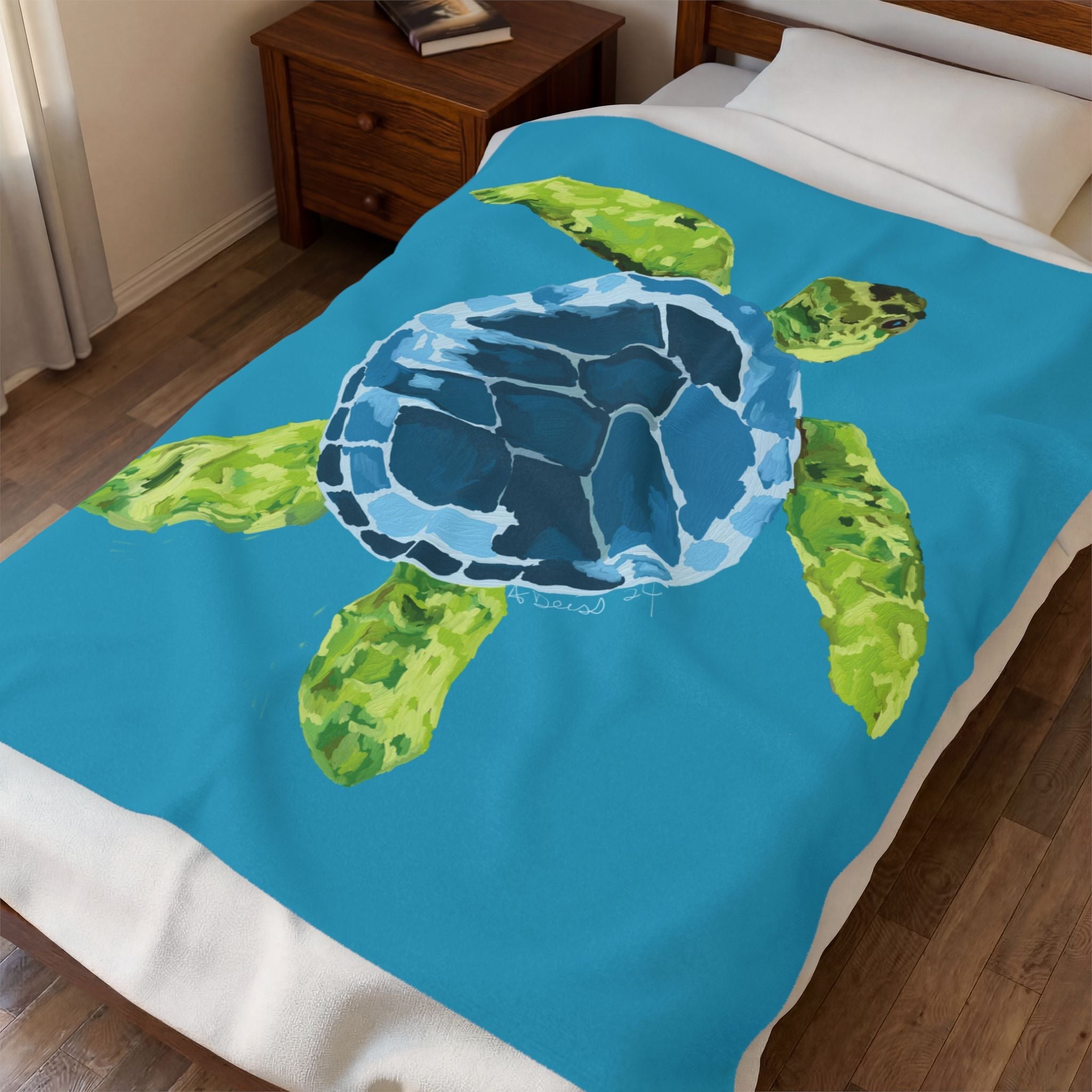 Sea Turtle Velveteen Plush Blanket — Soft Coastal Throw for Beach Lovers - Blue Cava
