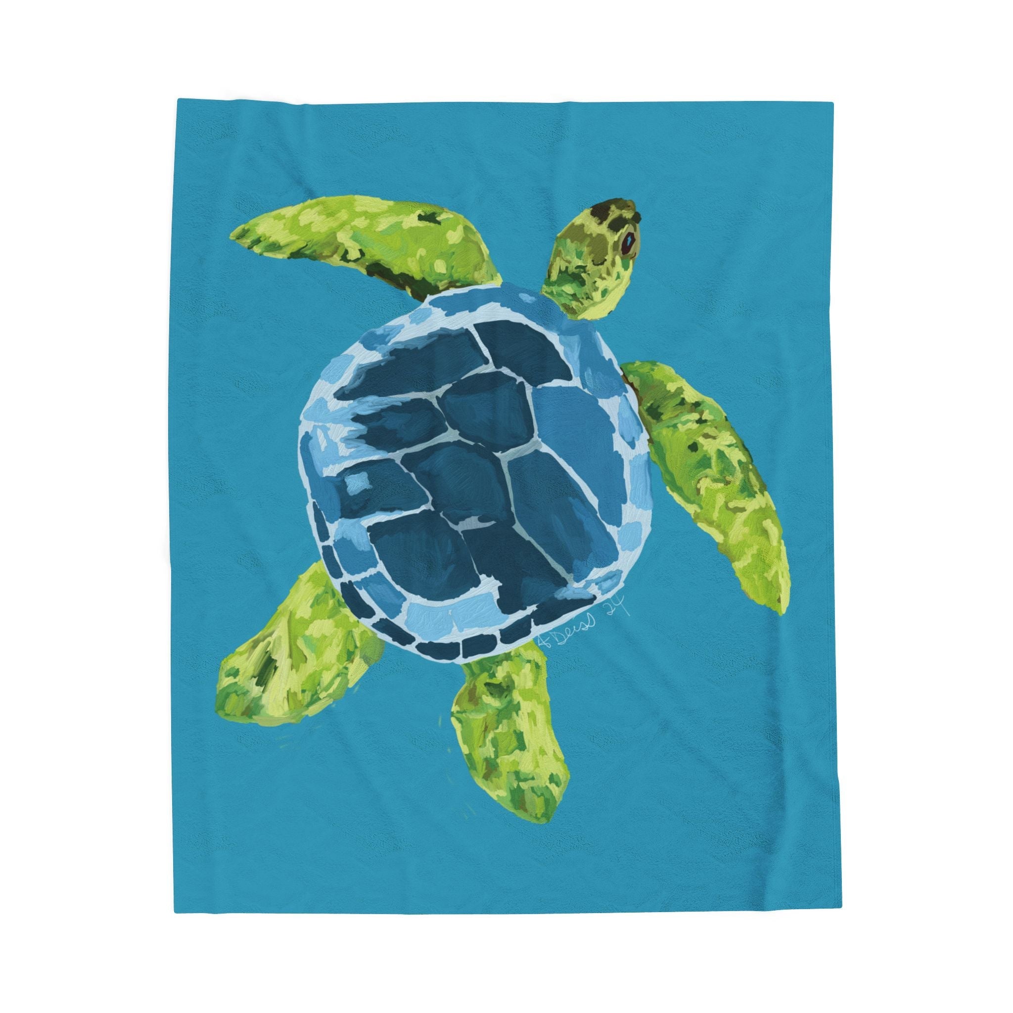 Sea Turtle Velveteen Plush Blanket — Soft Coastal Throw for Beach Lovers - Blue Cava