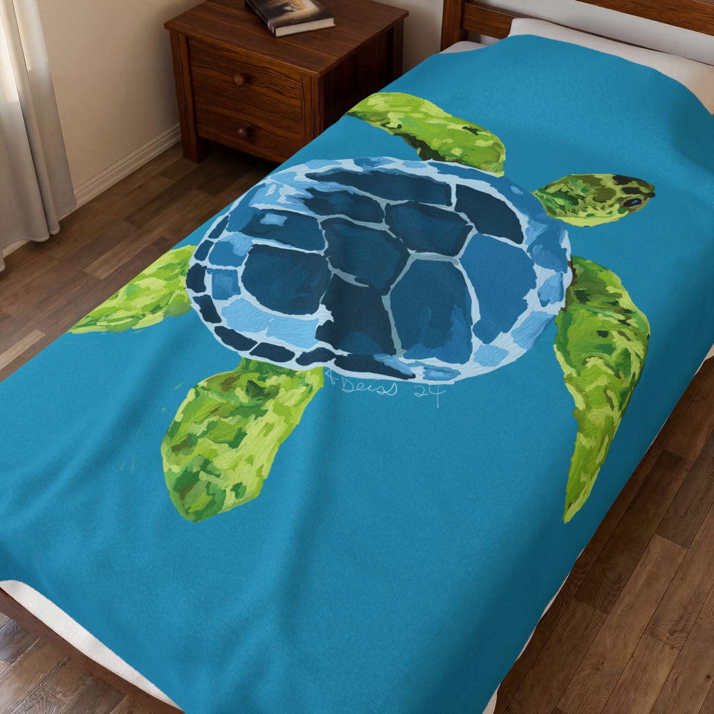 Sea Turtle Velveteen Plush Blanket — Soft Coastal Throw for Beach Lovers - Blue Cava