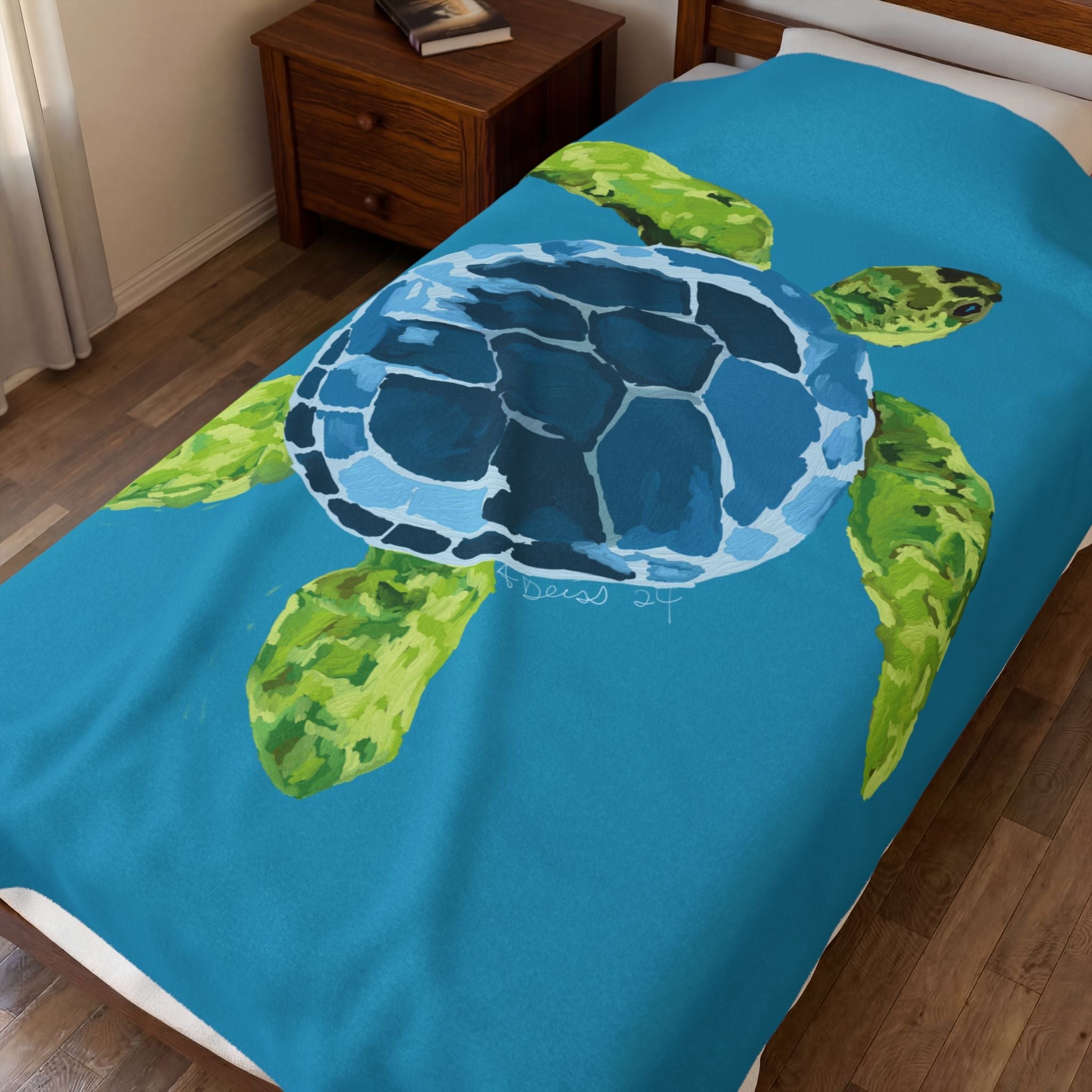Sea Turtle Velveteen Plush Blanket — Soft Coastal Throw for Beach Lovers - Blue Cava