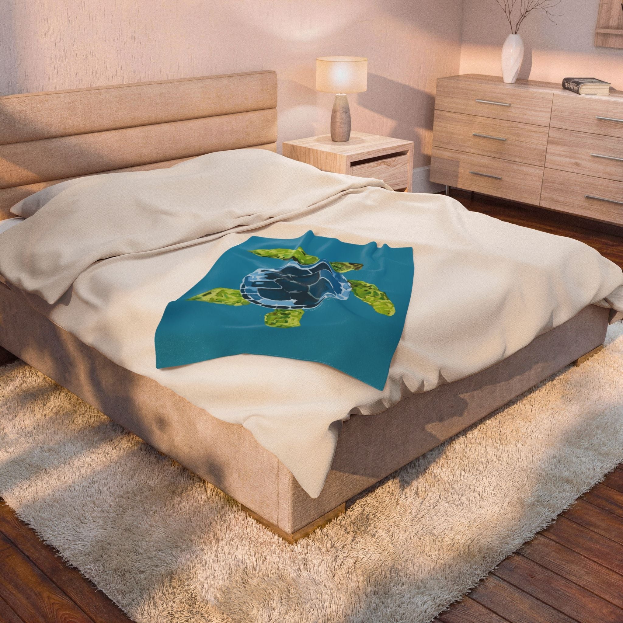 Sea Turtle Velveteen Plush Blanket — Soft Coastal Throw for Beach Lovers - Blue Cava