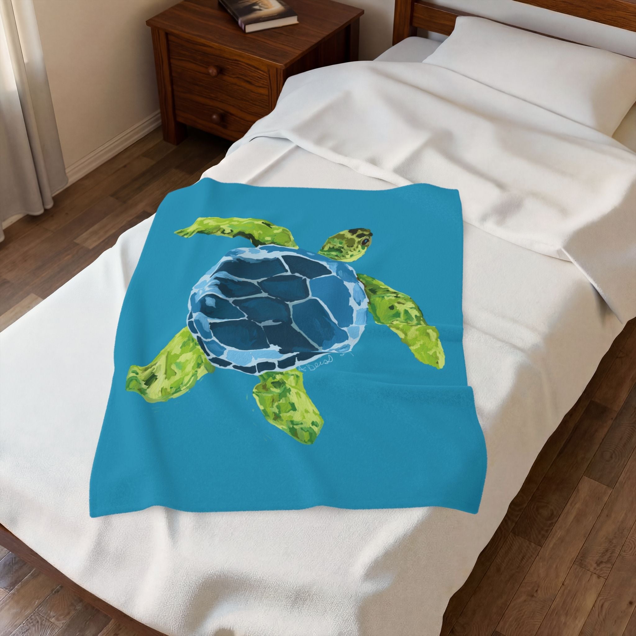 Sea Turtle Velveteen Plush Blanket — Soft Coastal Throw for Beach Lovers - Blue Cava