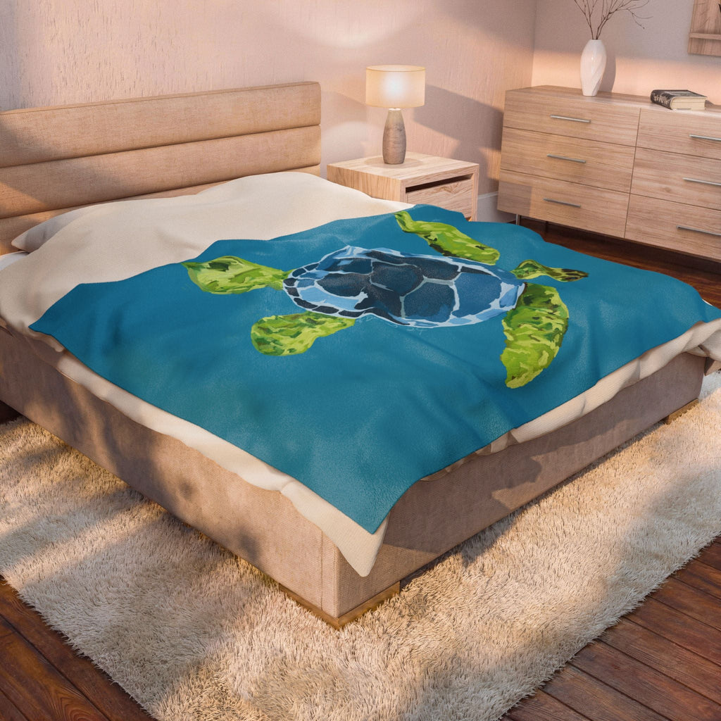 Sea Turtle Velveteen Plush Blanket — Soft Coastal Throw for Beach Lovers - Blue Cava