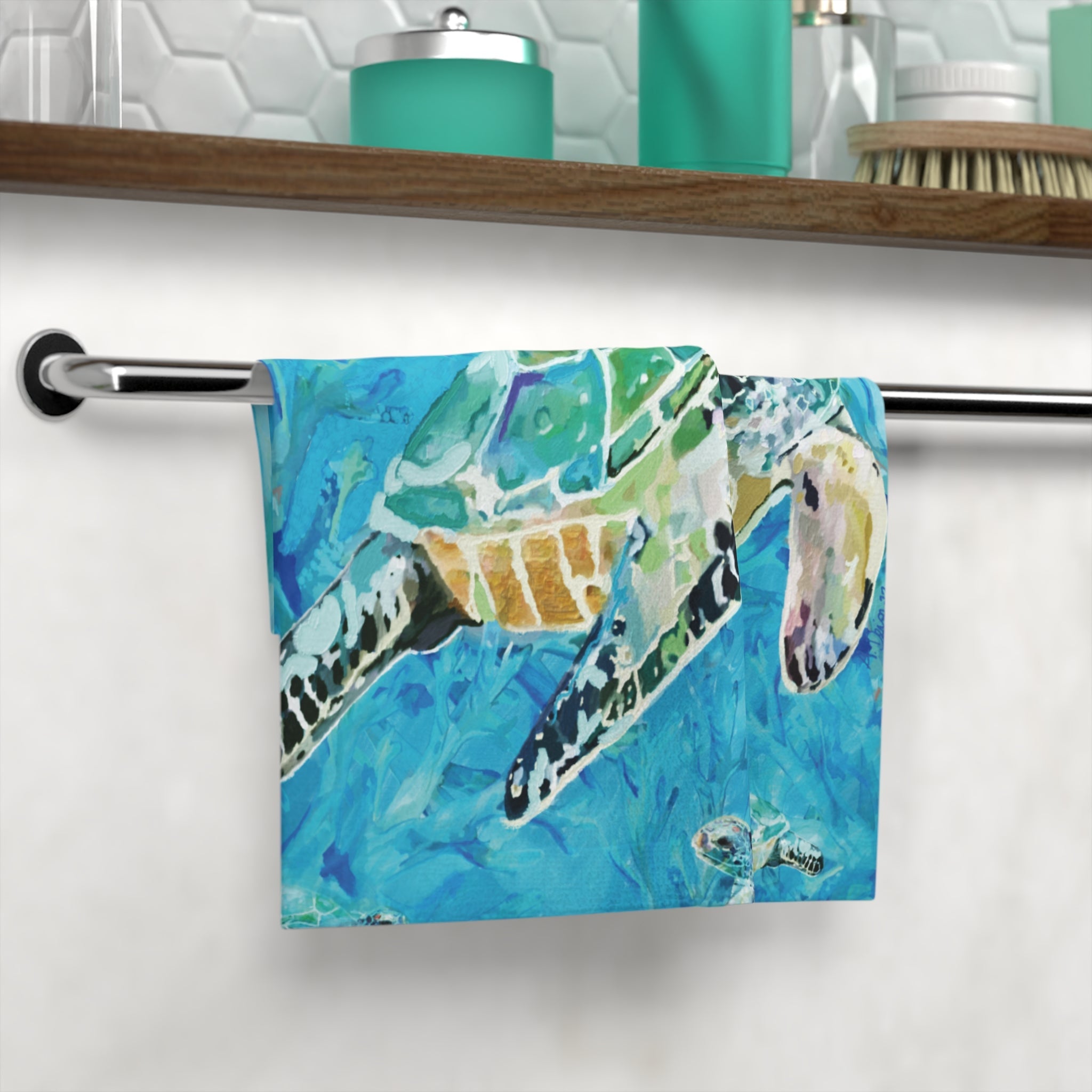 Sea Turtle Washcloth Towel — Tropical Coastal Towel - Blue Cava