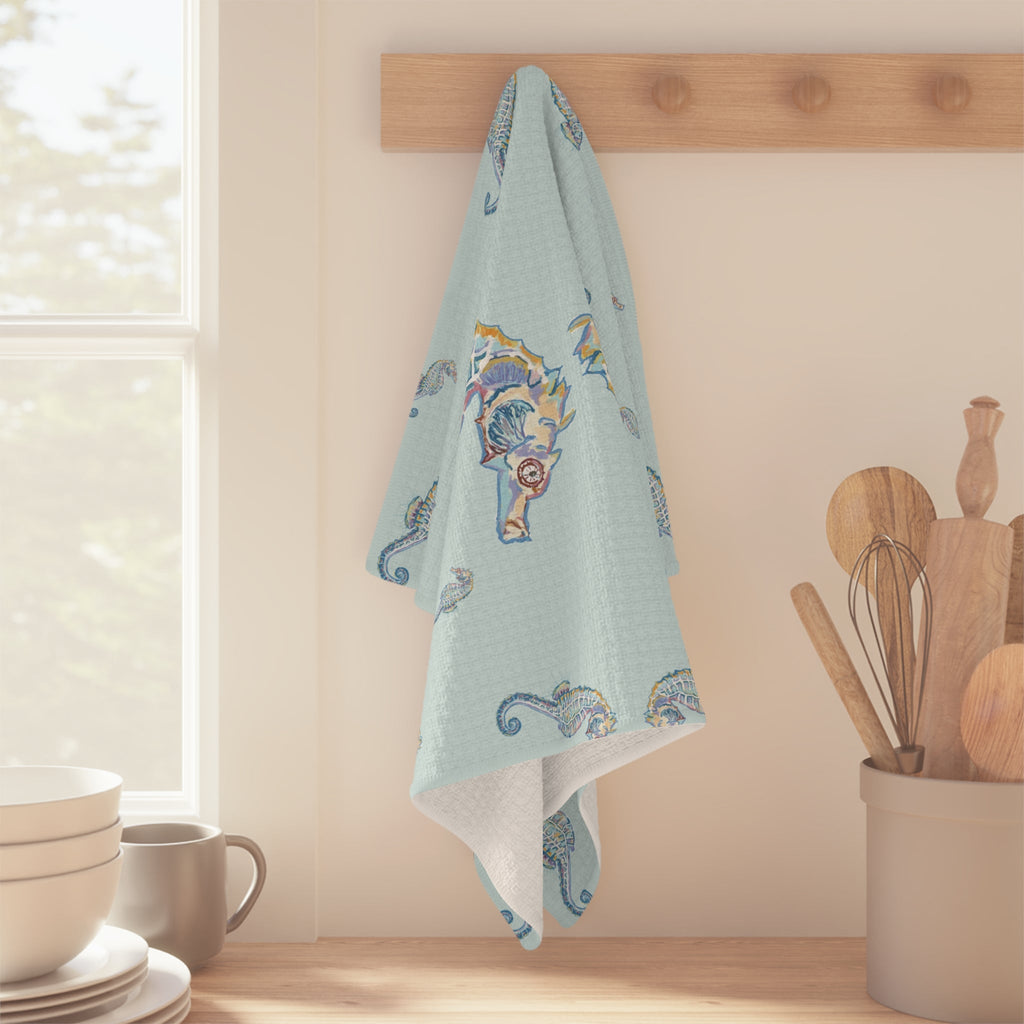 Seahorse Microfiber Waffle Kitchen Towel - Nautical Kitchen Decor - Blue Cava