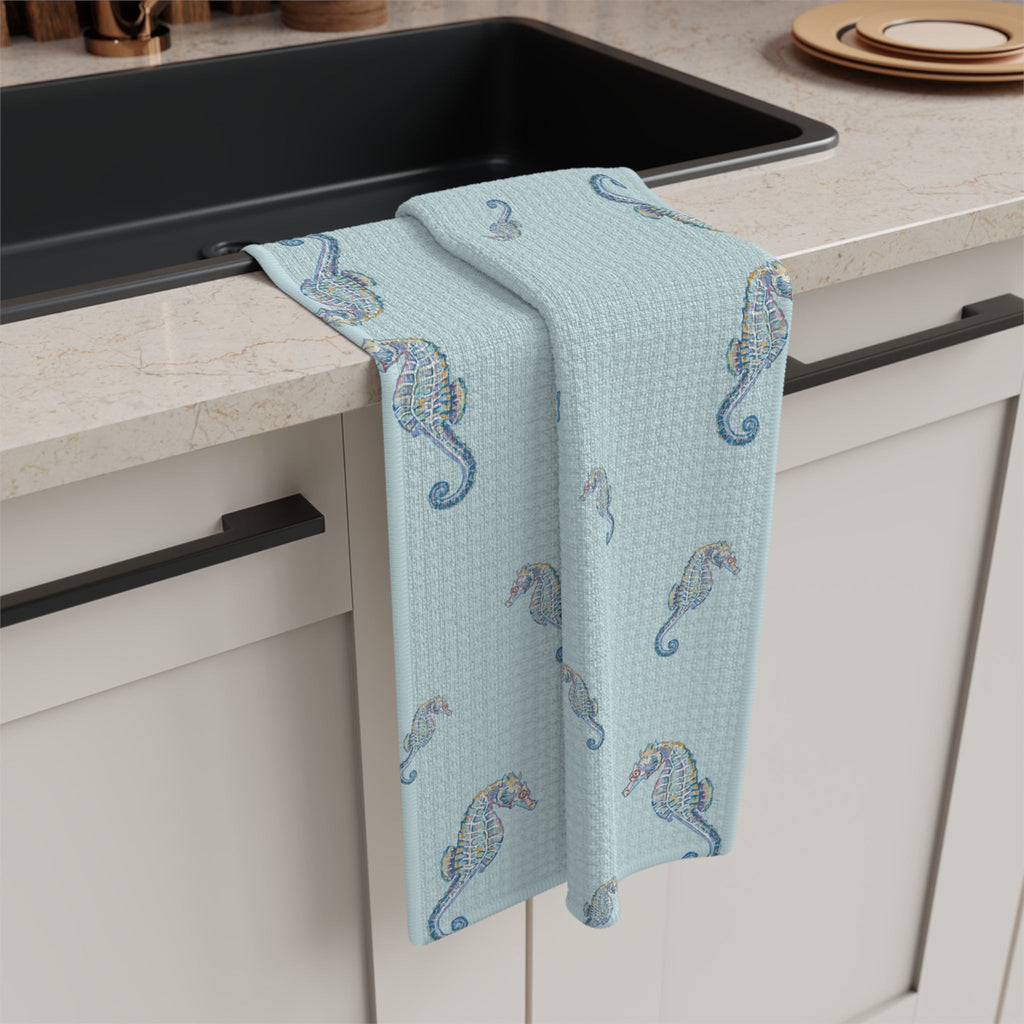 Seahorse Microfiber Waffle Kitchen Towel - Nautical Kitchen Decor - Blue Cava