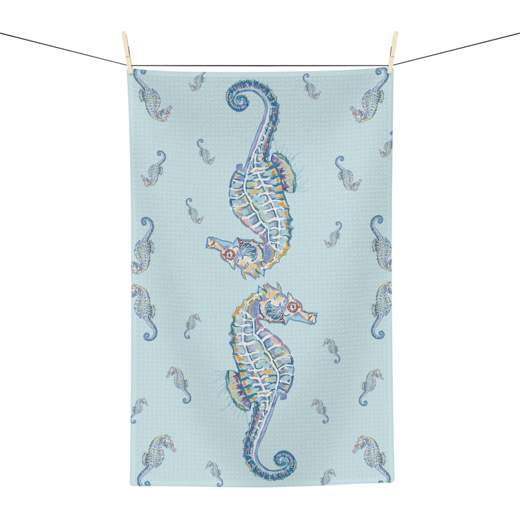 Seahorse Microfiber Waffle Kitchen Towel - Nautical Kitchen Decor - Blue Cava