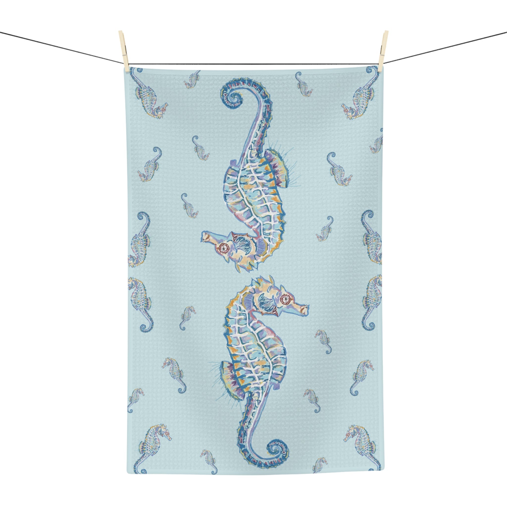 Seahorse Microfiber Waffle Kitchen Towel - Nautical Kitchen Decor - Blue Cava