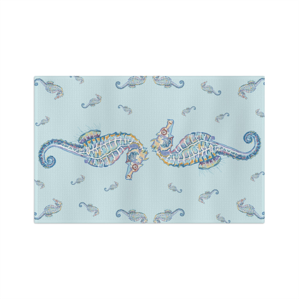 Seahorse Microfiber Waffle Kitchen Towel - Nautical Kitchen Decor - Blue Cava