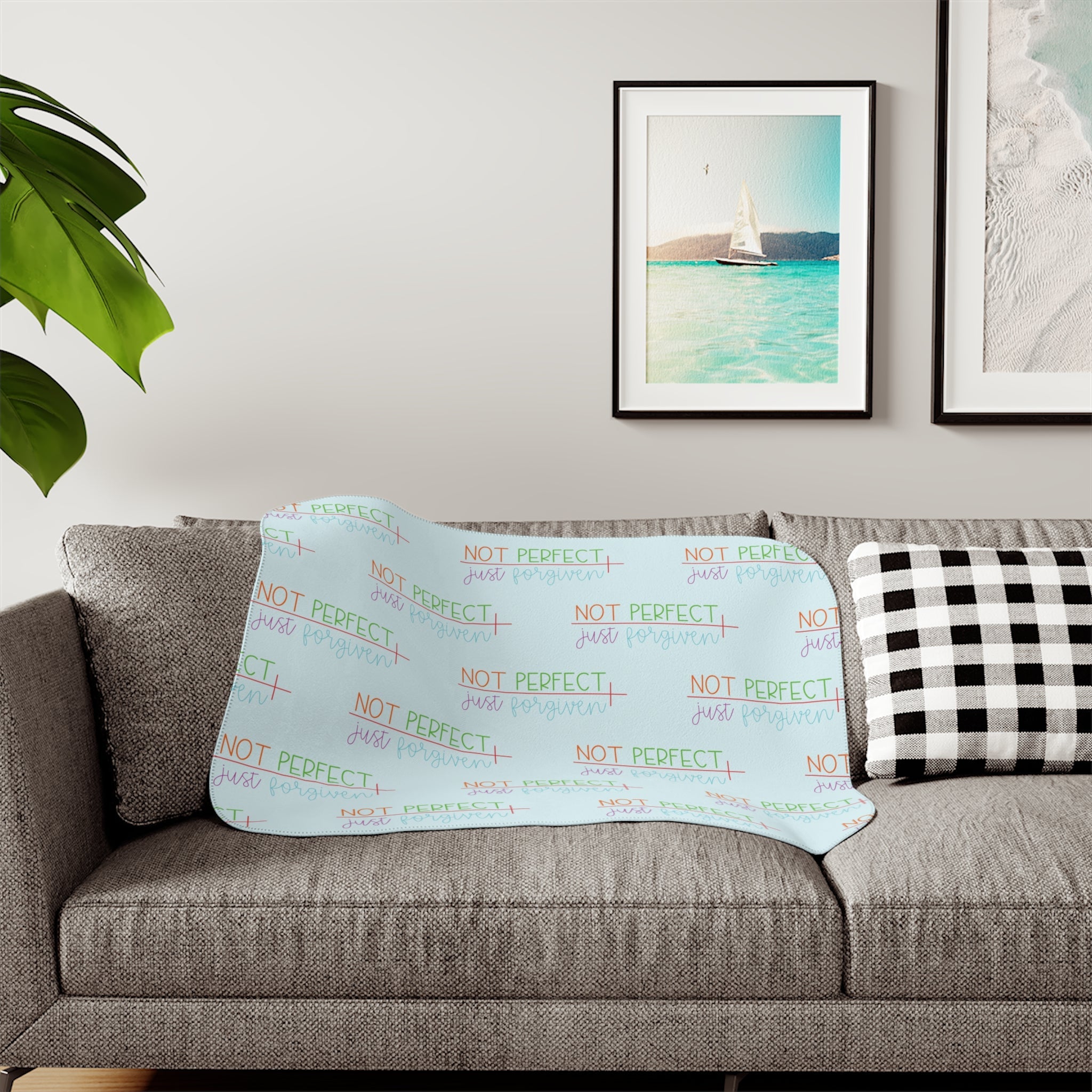 Sherpa Blanket - "Not Perfect, Just Forgiven" Cozy Throw for Self - Love & Gift - Blue Cava