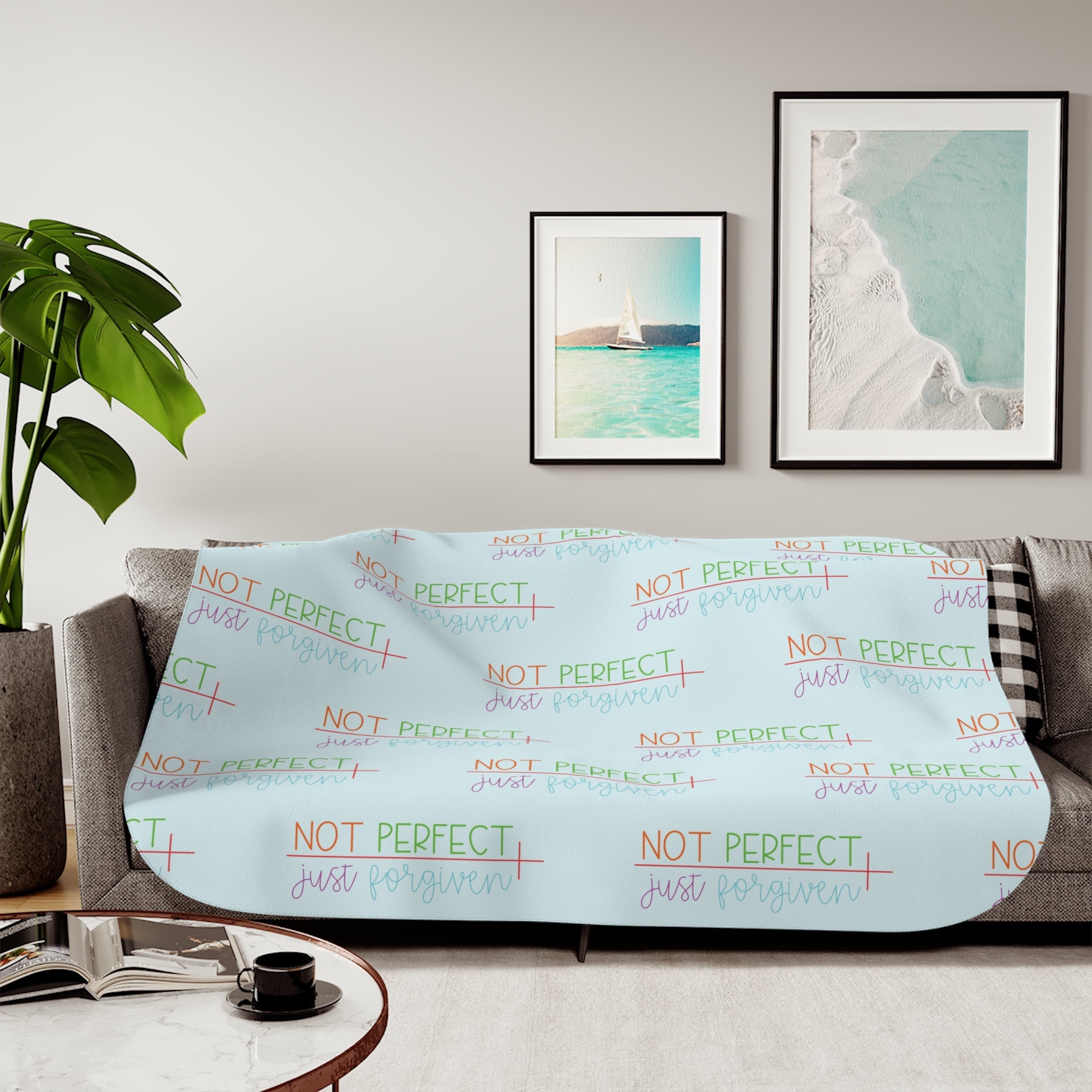 Sherpa Blanket - "Not Perfect, Just Forgiven" Cozy Throw for Self - Love & Gift - Blue Cava