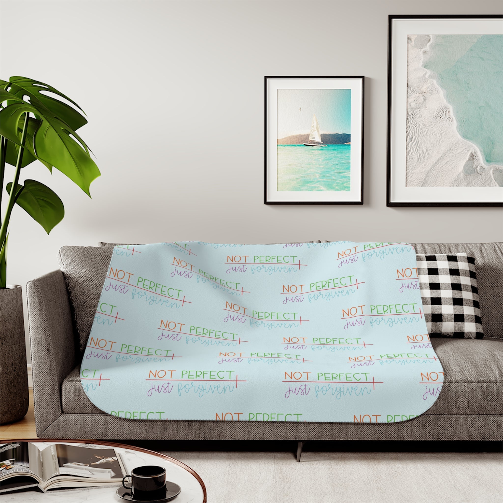 Sherpa Blanket - "Not Perfect, Just Forgiven" Cozy Throw for Self - Love & Gift - Blue Cava