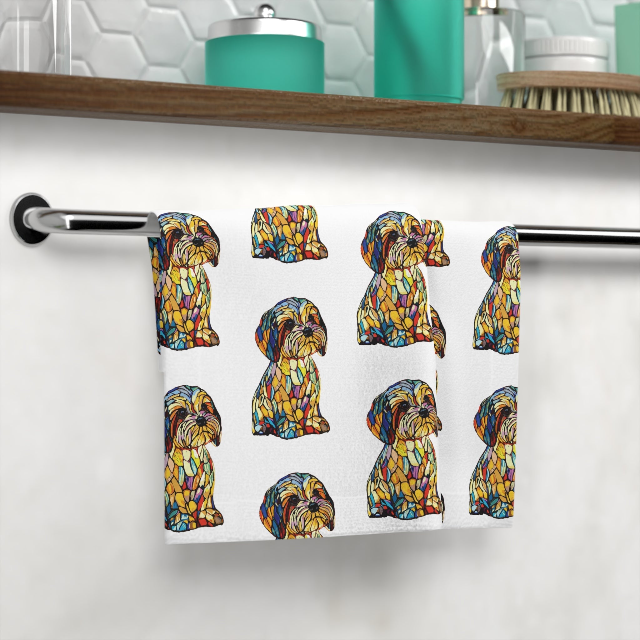 Shih Tzu Mosaic Washcloth Towel – Colorful Patterned Dog - Blue Cava