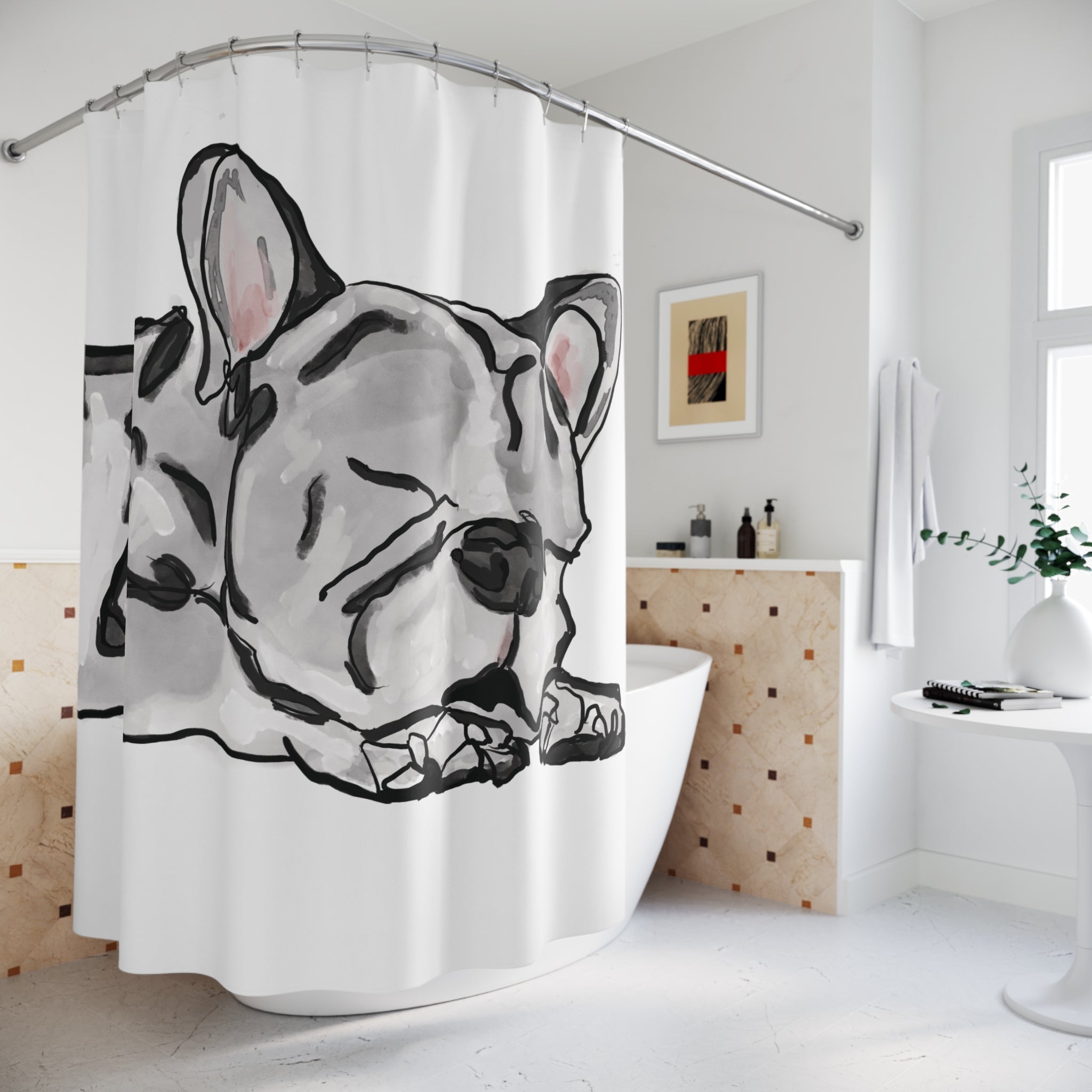 Sleeping French Bulldog Shower Curtain - Perfect for Pet Lovers - Blue Cava