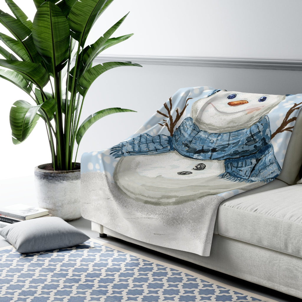 Snowman Sherpa Fleece Blanket, Winter Decor, Holiday Gift, Soft Plush Throw - Blue Cava