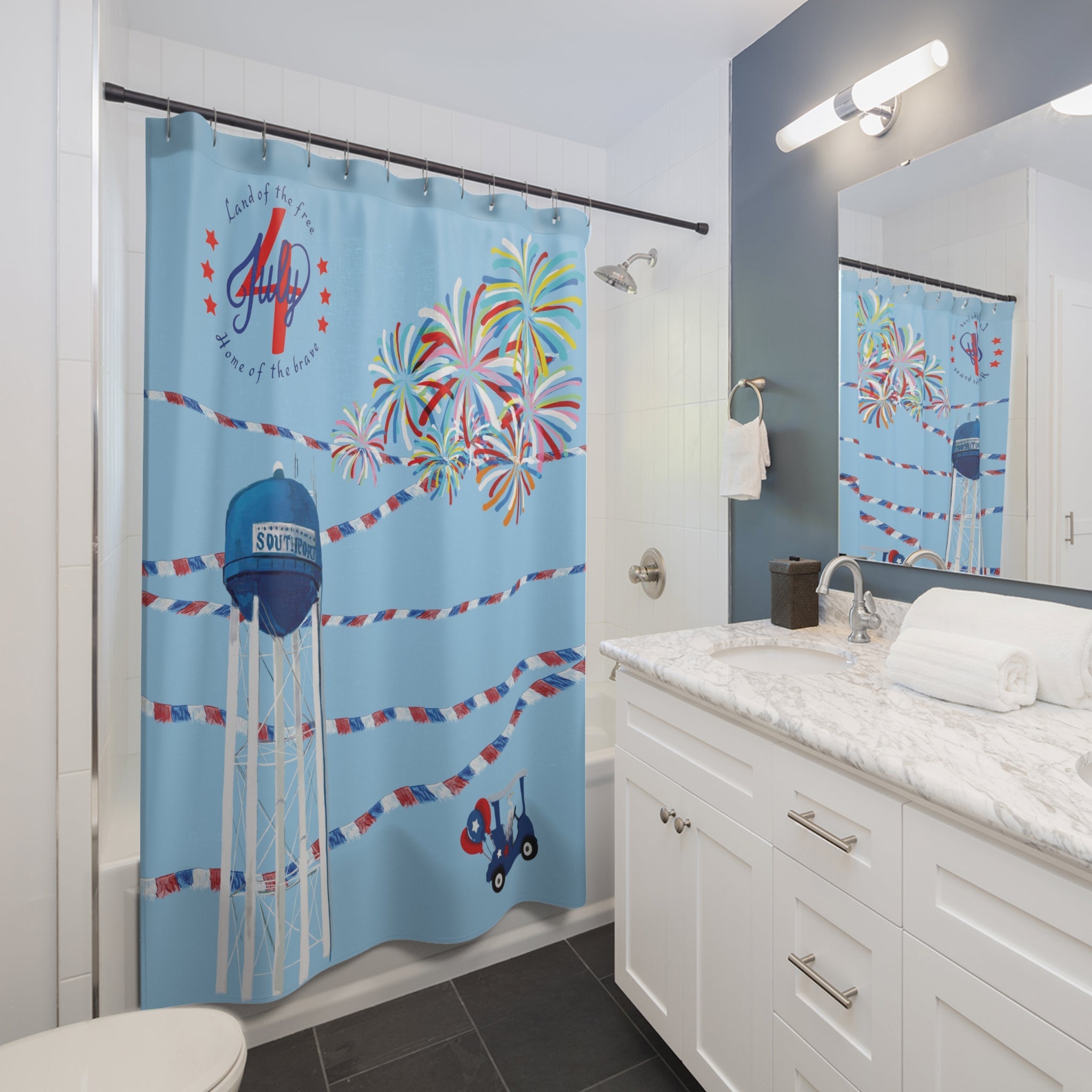 Southport Patriotic Fireworks Shower Curtain - Blue Cava