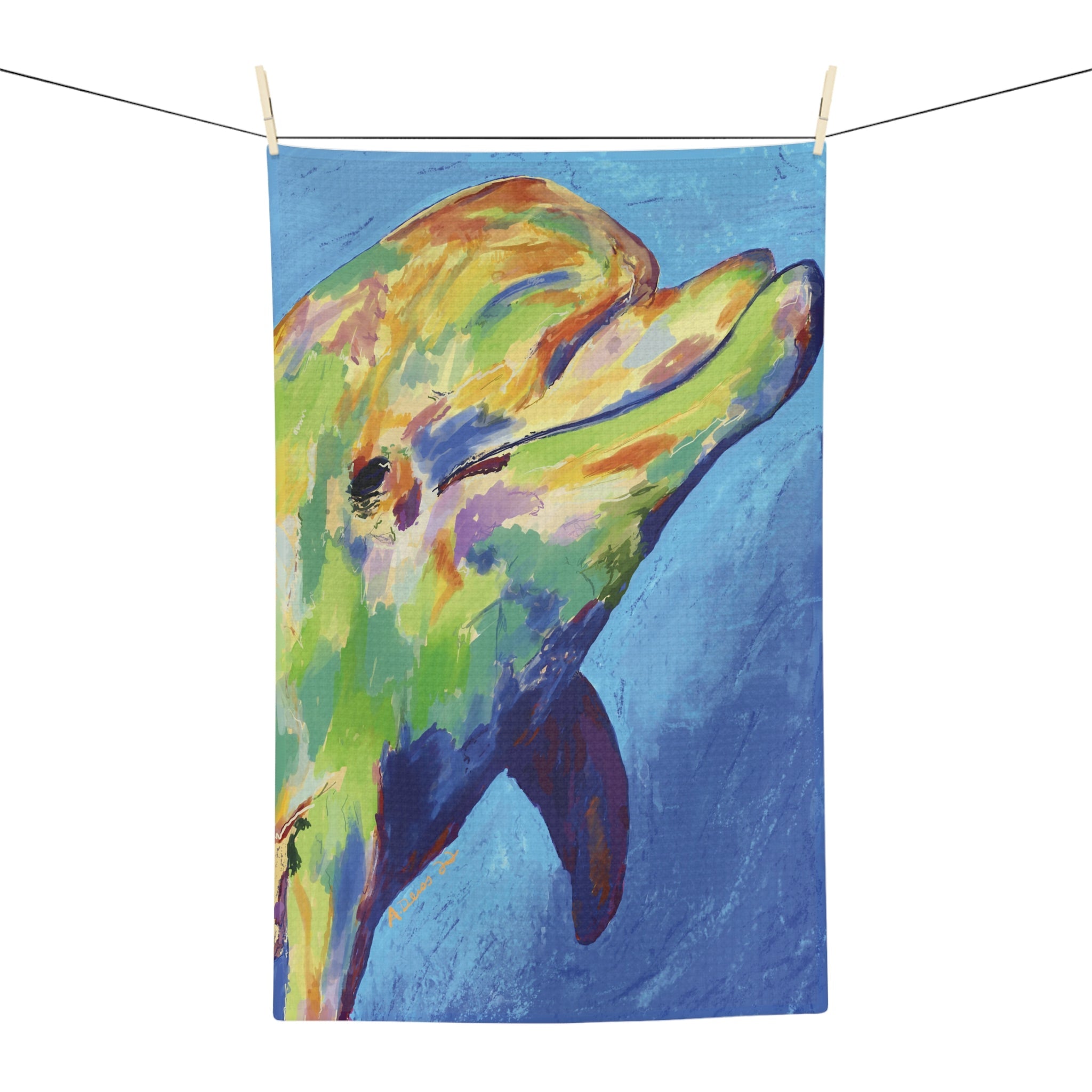 “Splash” Dolphin Microfiber Waffle Kitchen Towel - Blue Cava