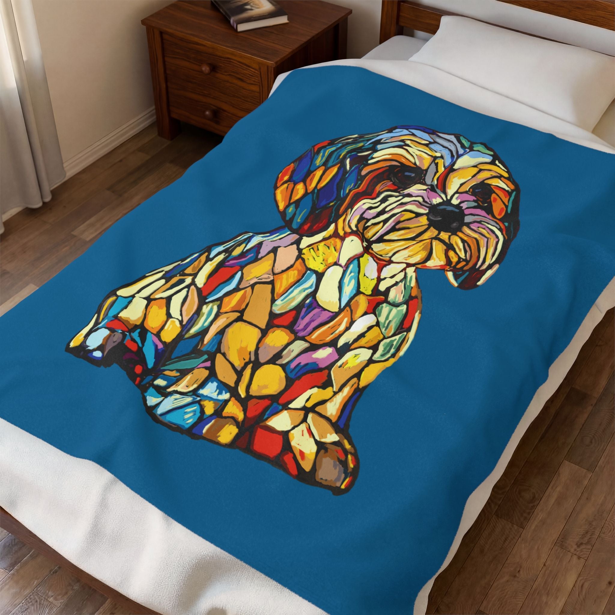 Stained Glass Shih Tzu Velveteen Plush Blanket — Colorful Dog Throw for Pet Lovers - Blue Cava