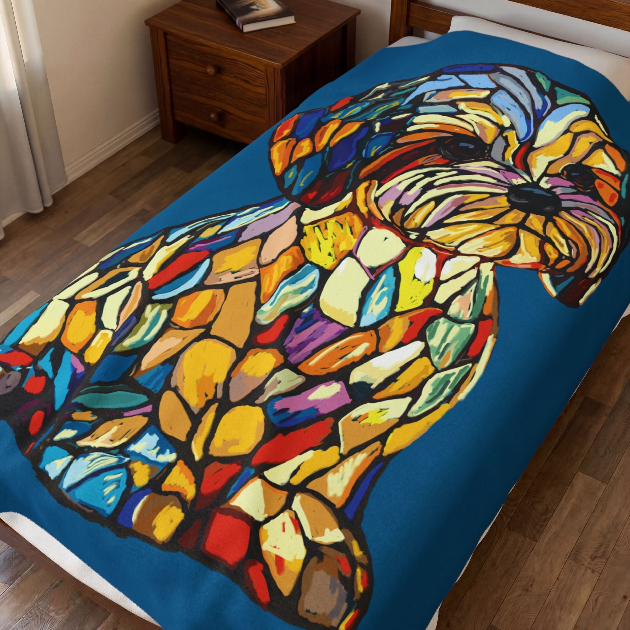Stained Glass Shih Tzu Velveteen Plush Blanket — Colorful Dog Throw for Pet Lovers - Blue Cava
