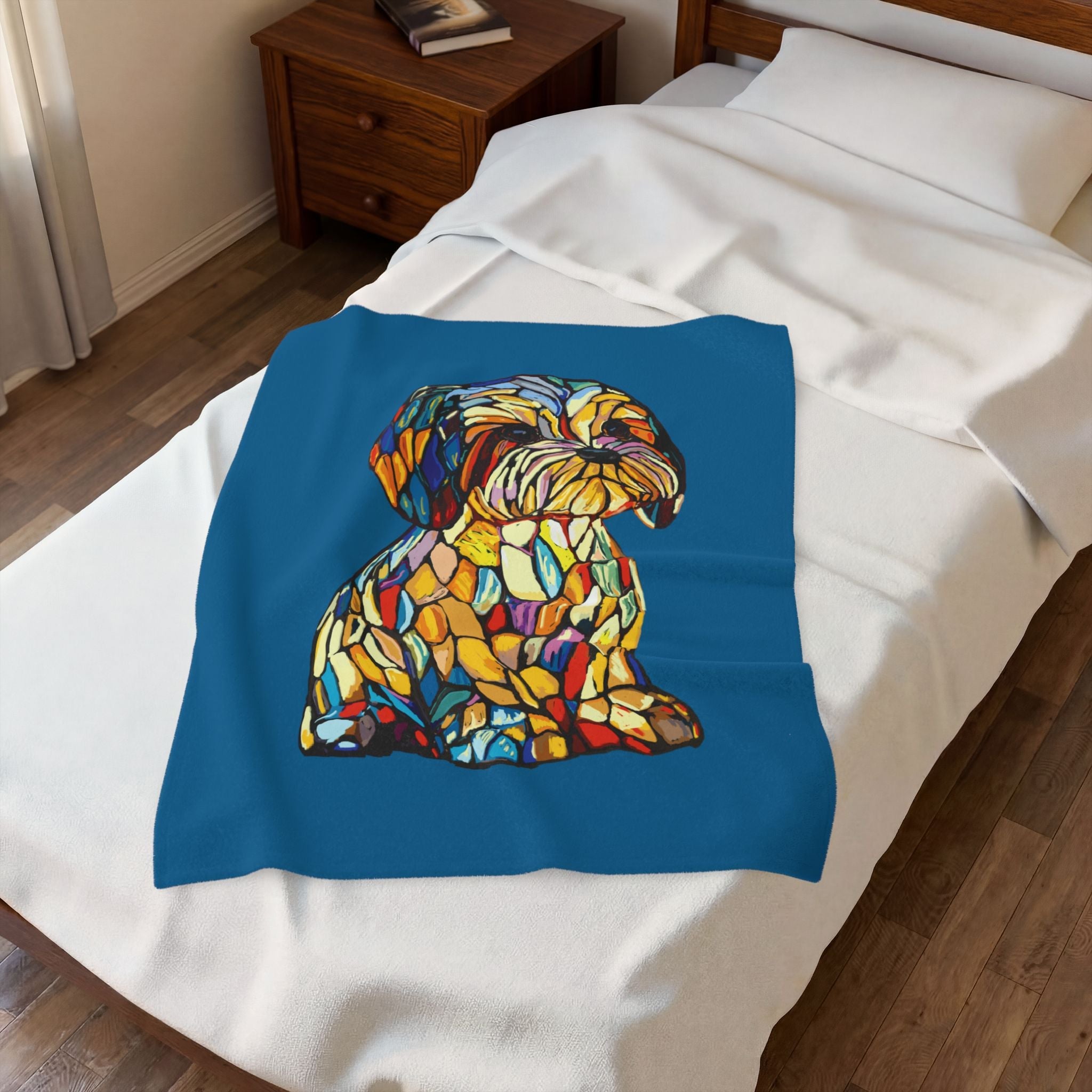 Stained Glass Shih Tzu Velveteen Plush Blanket — Colorful Dog Throw for Pet Lovers - Blue Cava