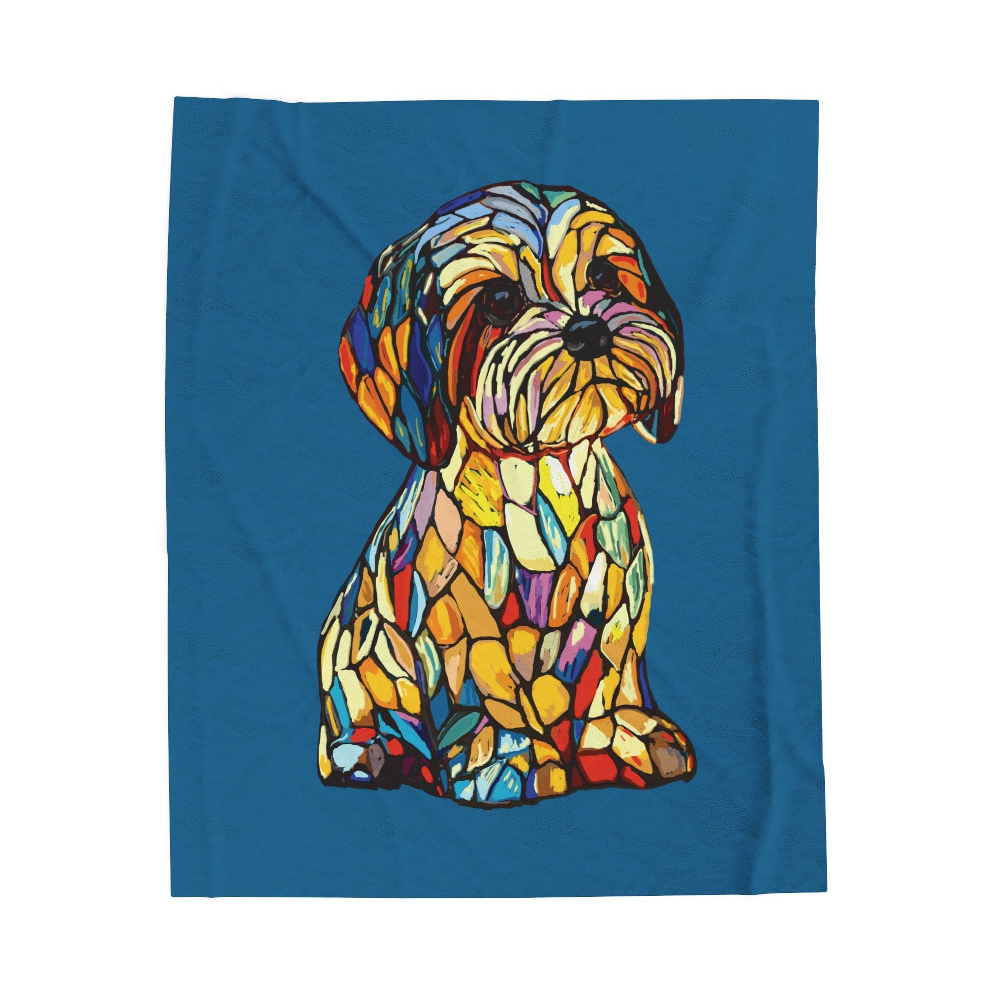 Stained Glass Shih Tzu Velveteen Plush Blanket — Colorful Dog Throw for Pet Lovers - Blue Cava