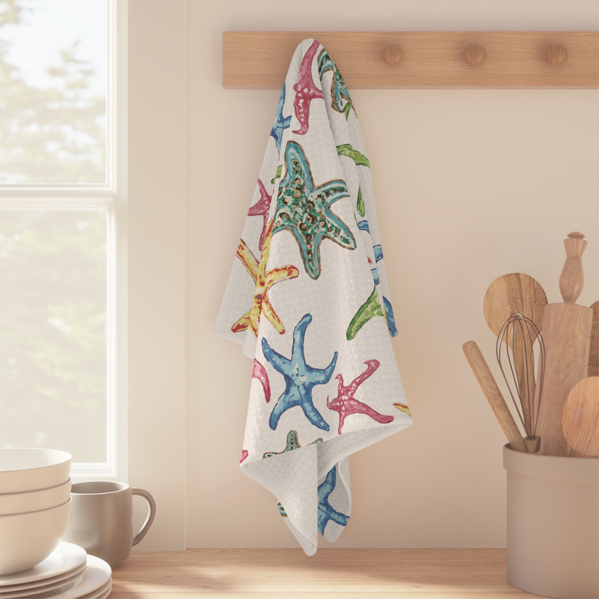 Starfish Microfiber Waffle Kitchen Towel - Coastal - Blue Cava
