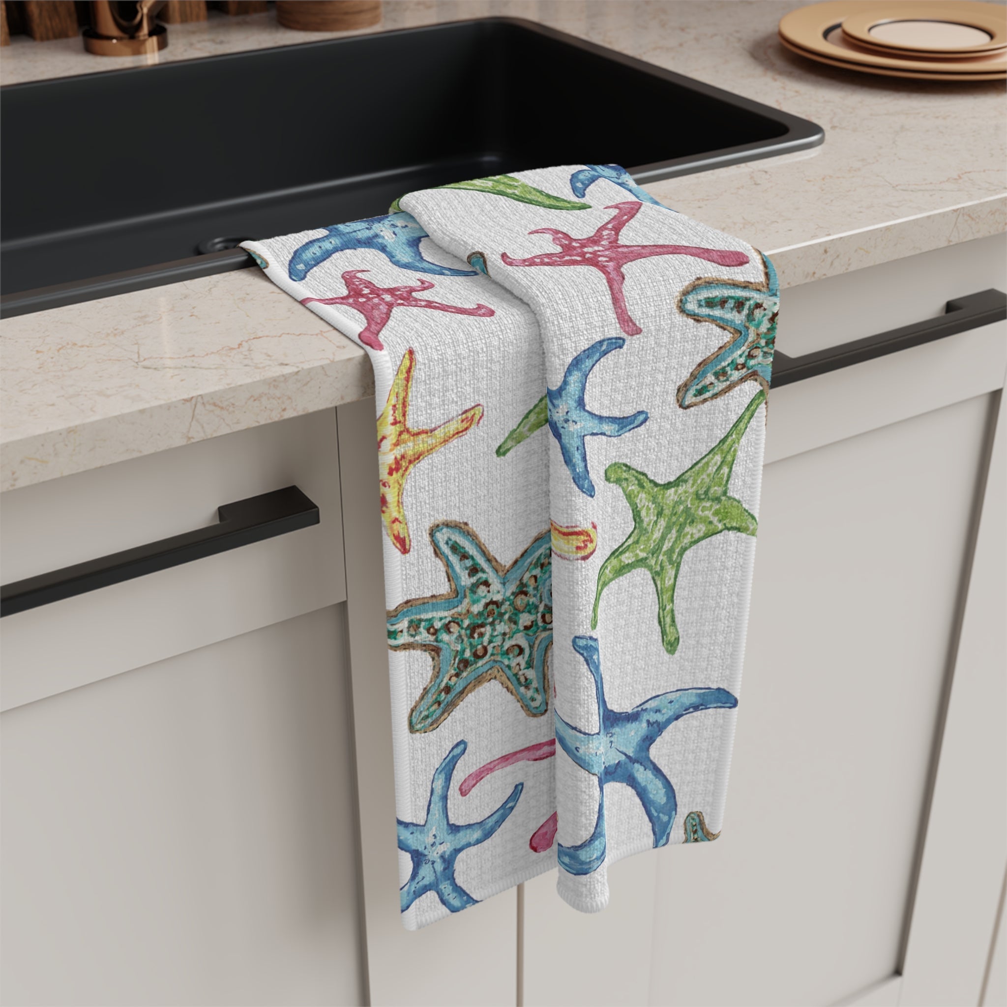 Starfish Microfiber Waffle Kitchen Towel - Coastal - Blue Cava