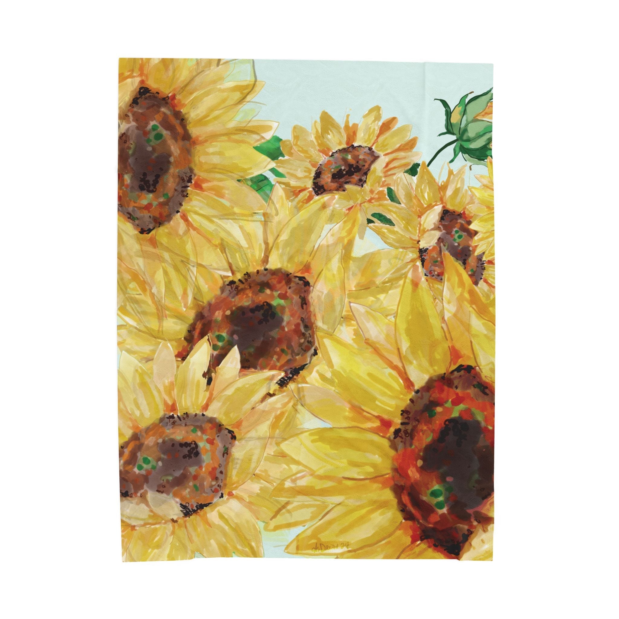 Sunflower Floral Velveteen Plush Blankets - Blue Cava