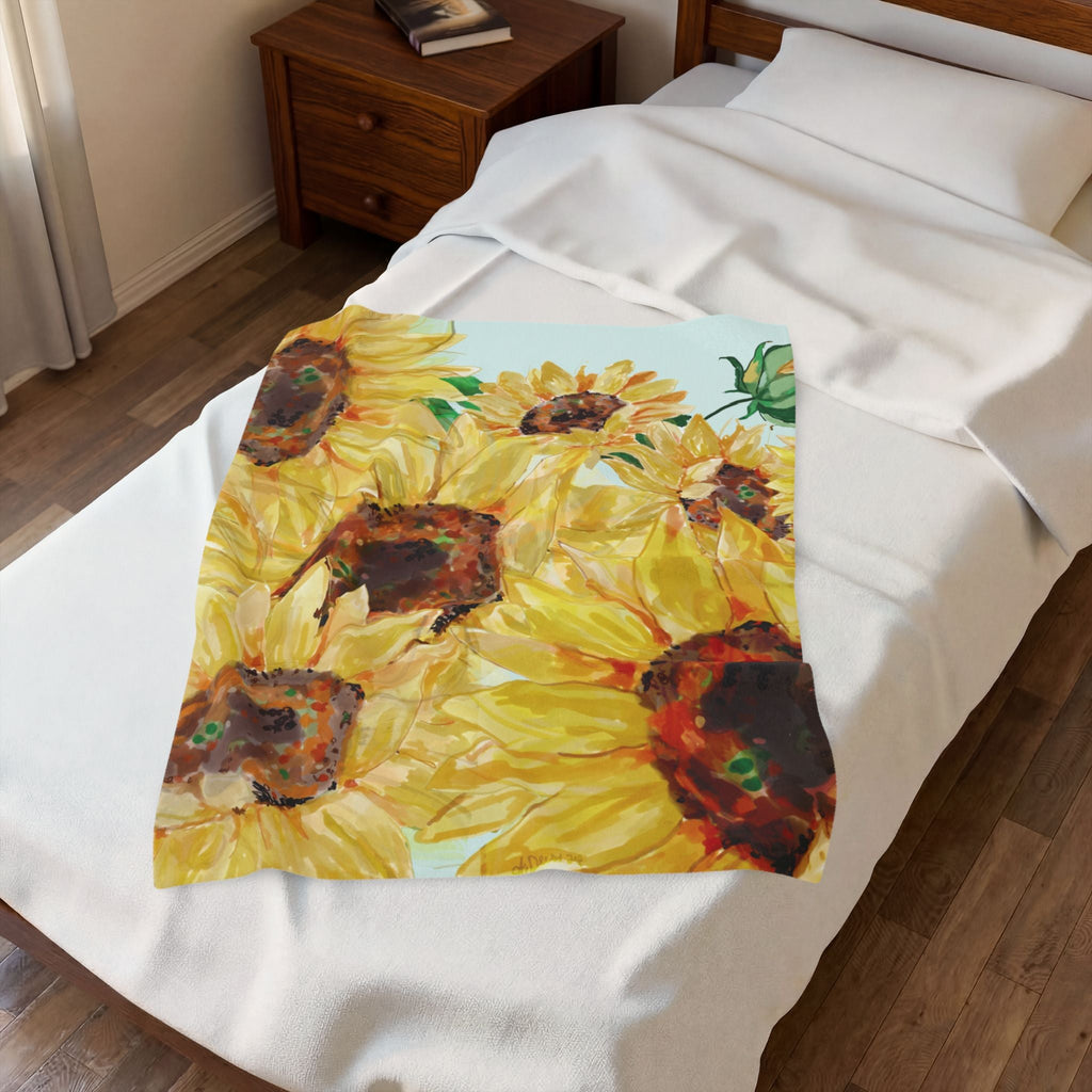 Sunflower Floral Velveteen Plush Blankets - Blue Cava