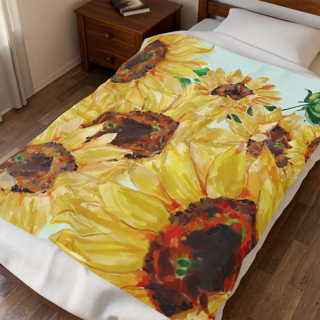 Sunflower Floral Velveteen Plush Blankets - Blue Cava