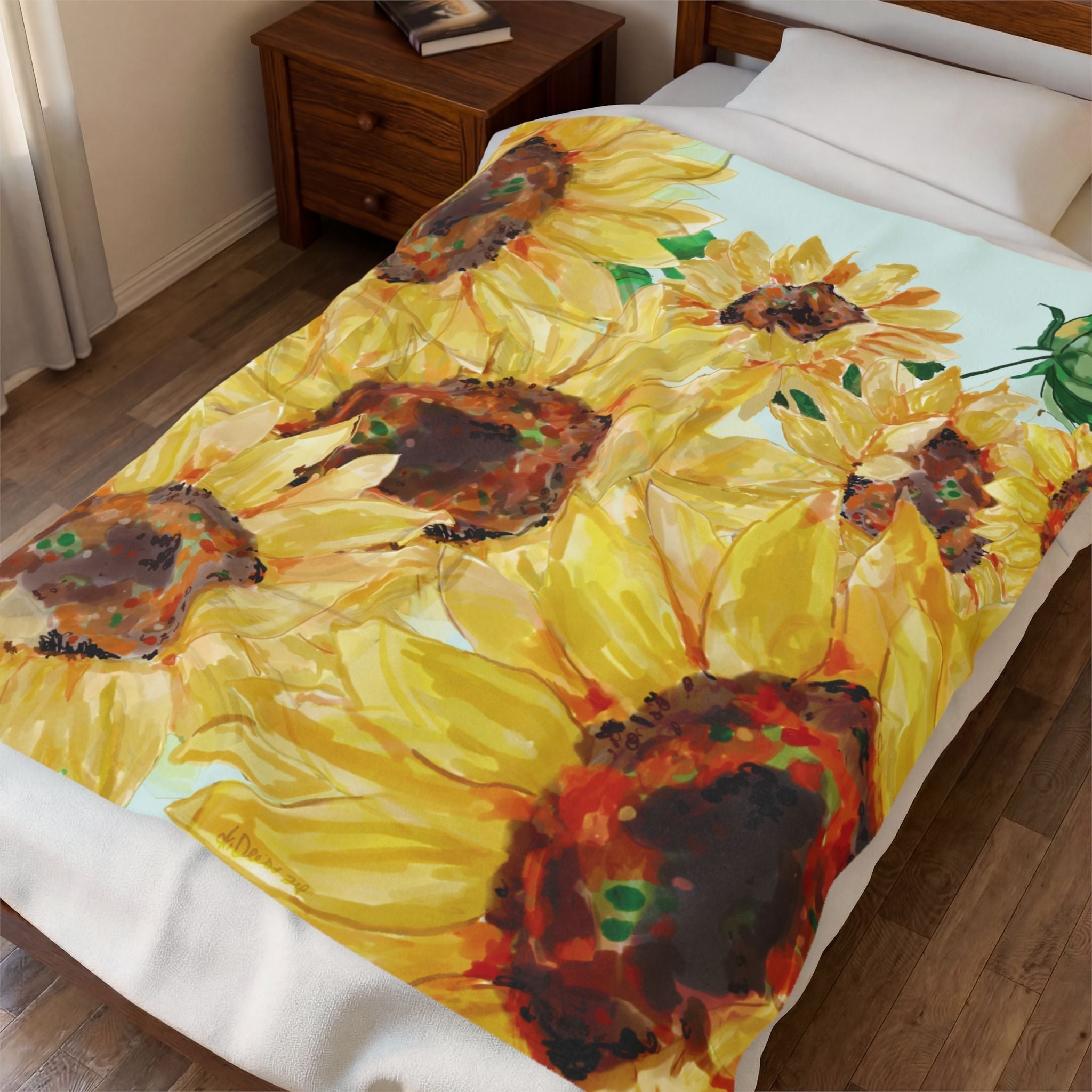Sunflower Floral Velveteen Plush Blankets - Blue Cava