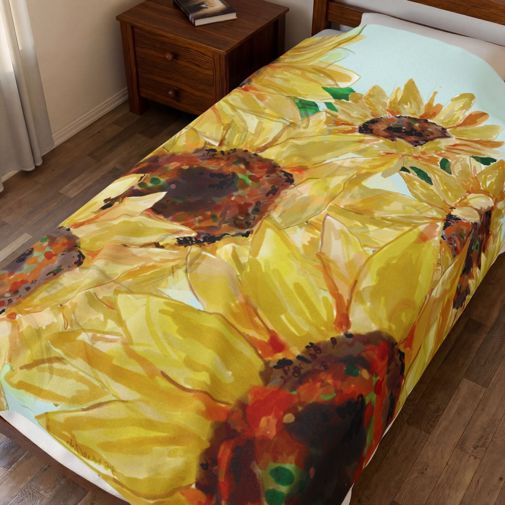 Sunflower Floral Velveteen Plush Blankets - Blue Cava
