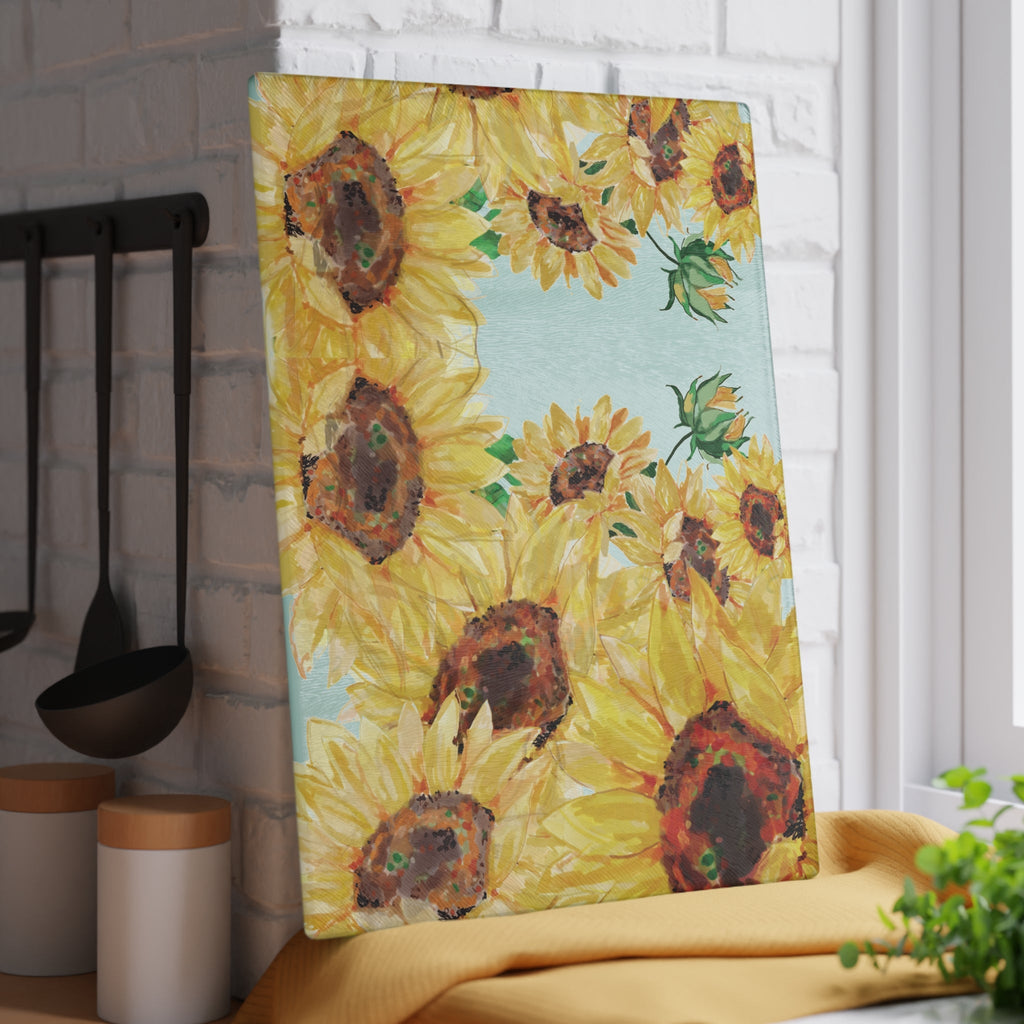Sunflower Glass Cutting Board | Floral Kitchen Decor - Blue Cava