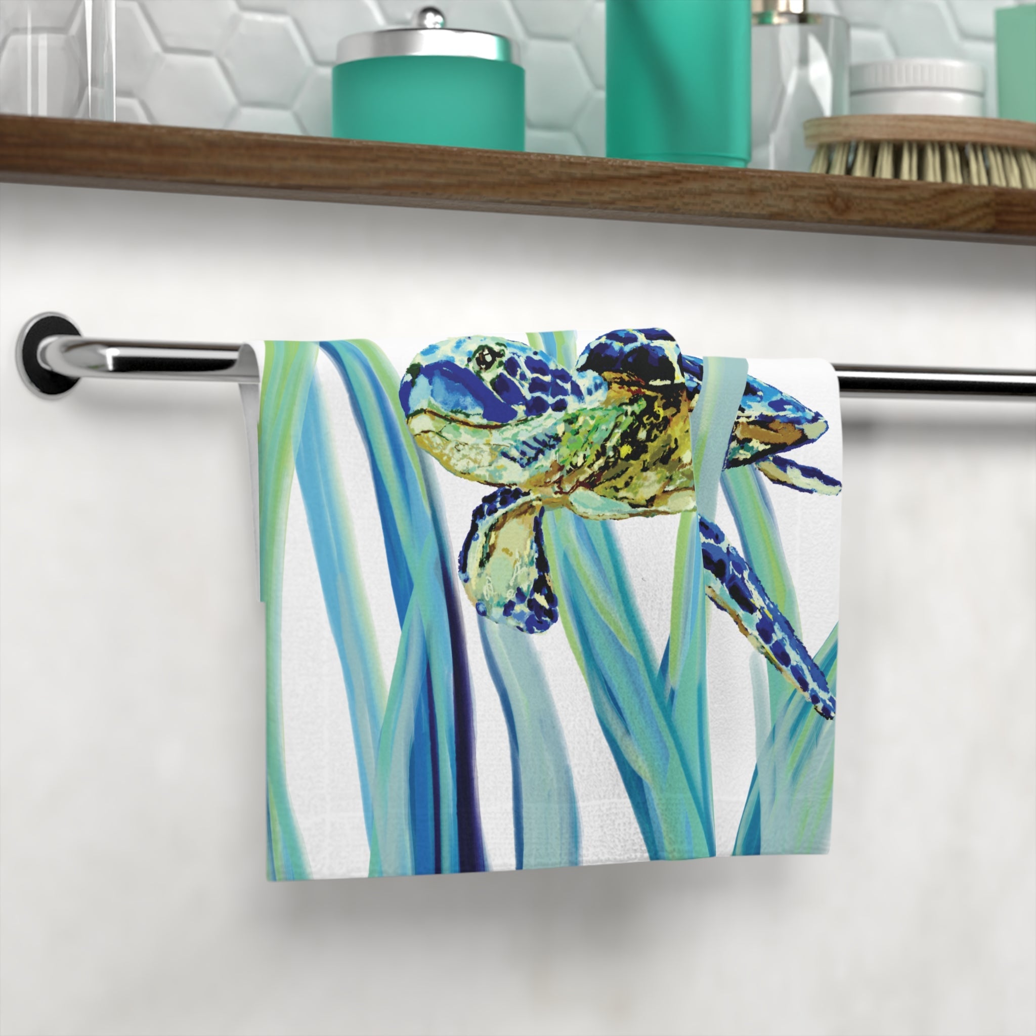Swimming Sea Turtle Washcloth Towel — Coastal Marine Design - Blue Cava